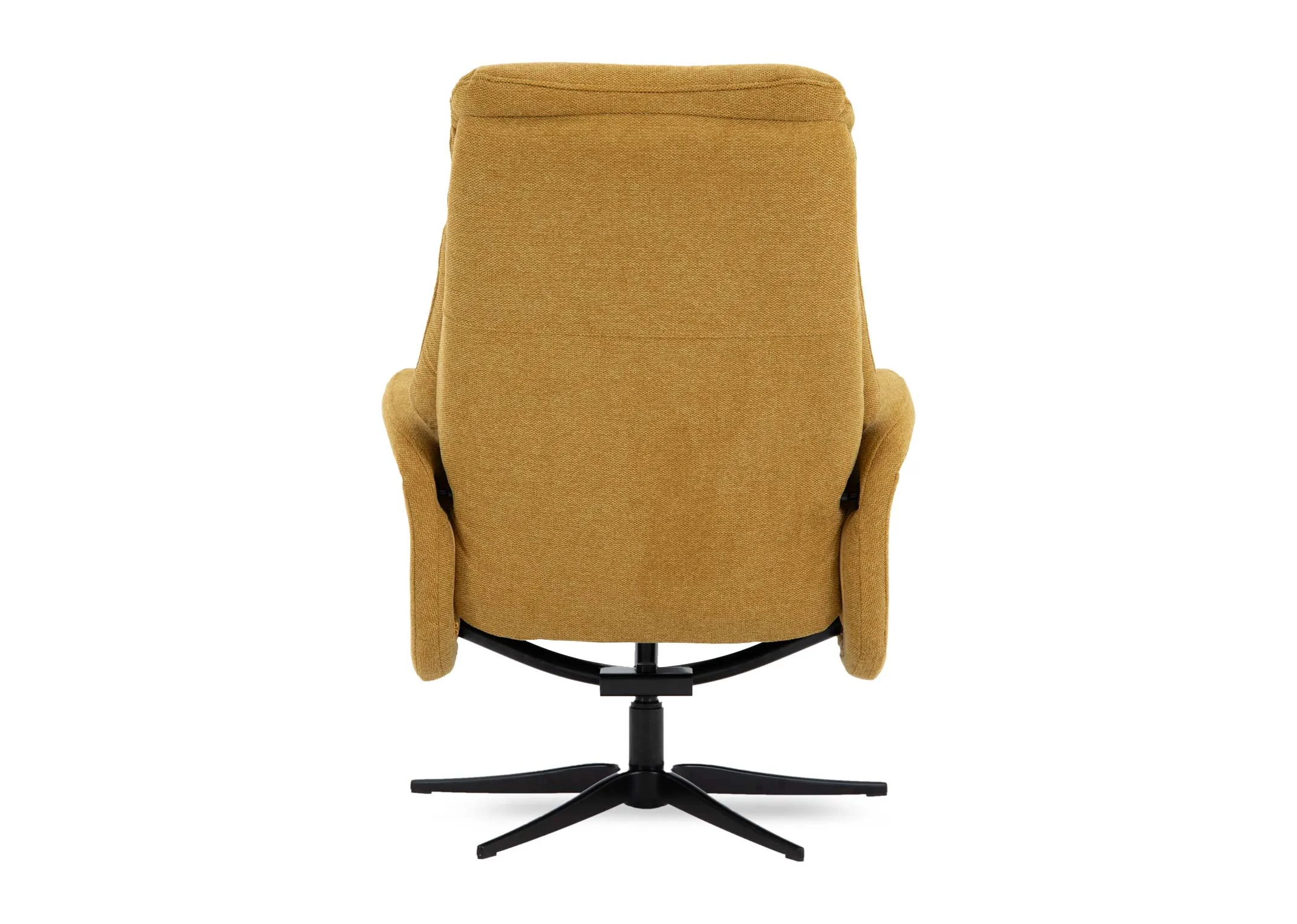 A mustard fabric recliner from EZ Livings Harry range. Back view of high frame.