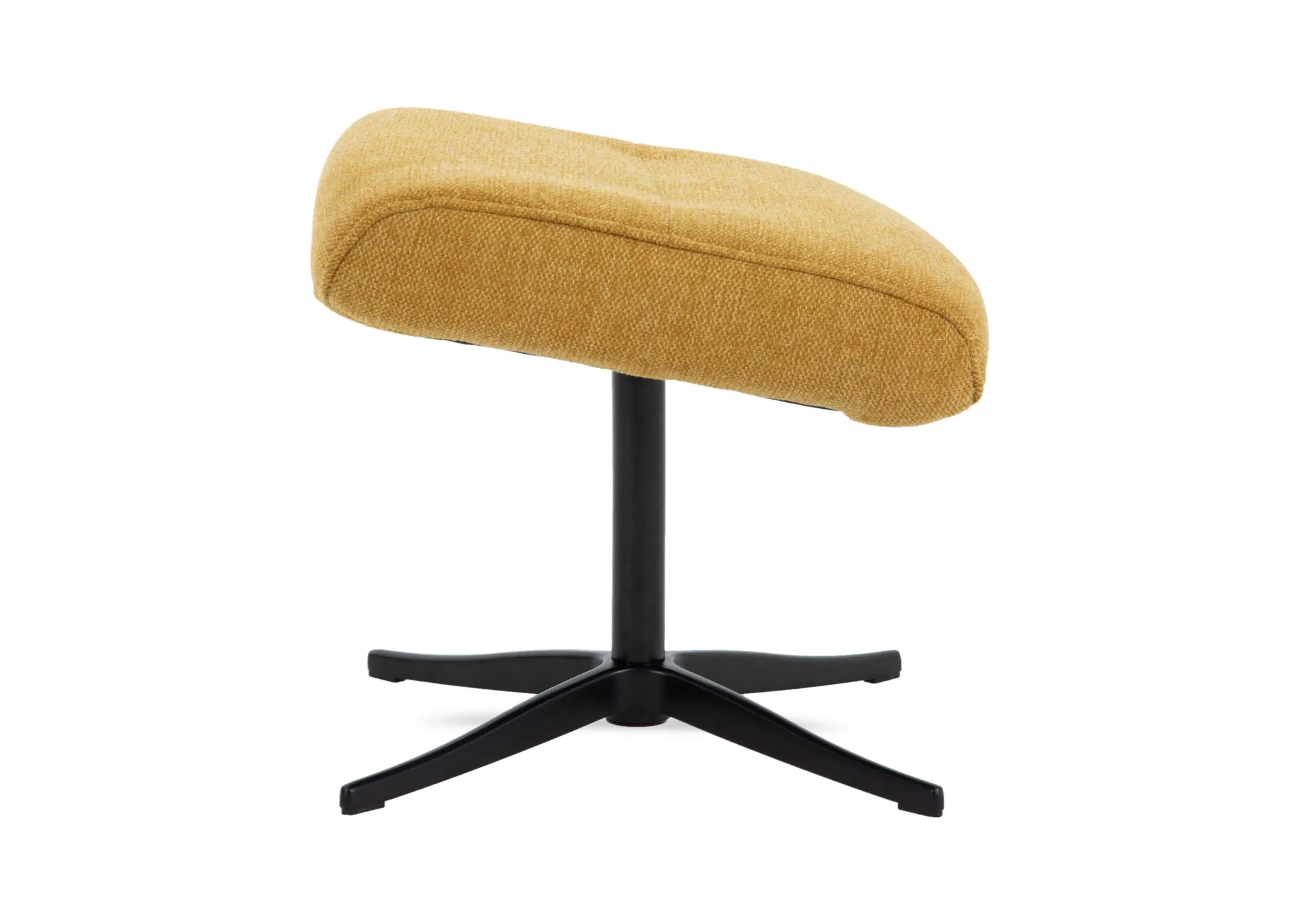 A mustard fabric footstool from EZ Livings Harry range. Side veiw of tilted footstool.