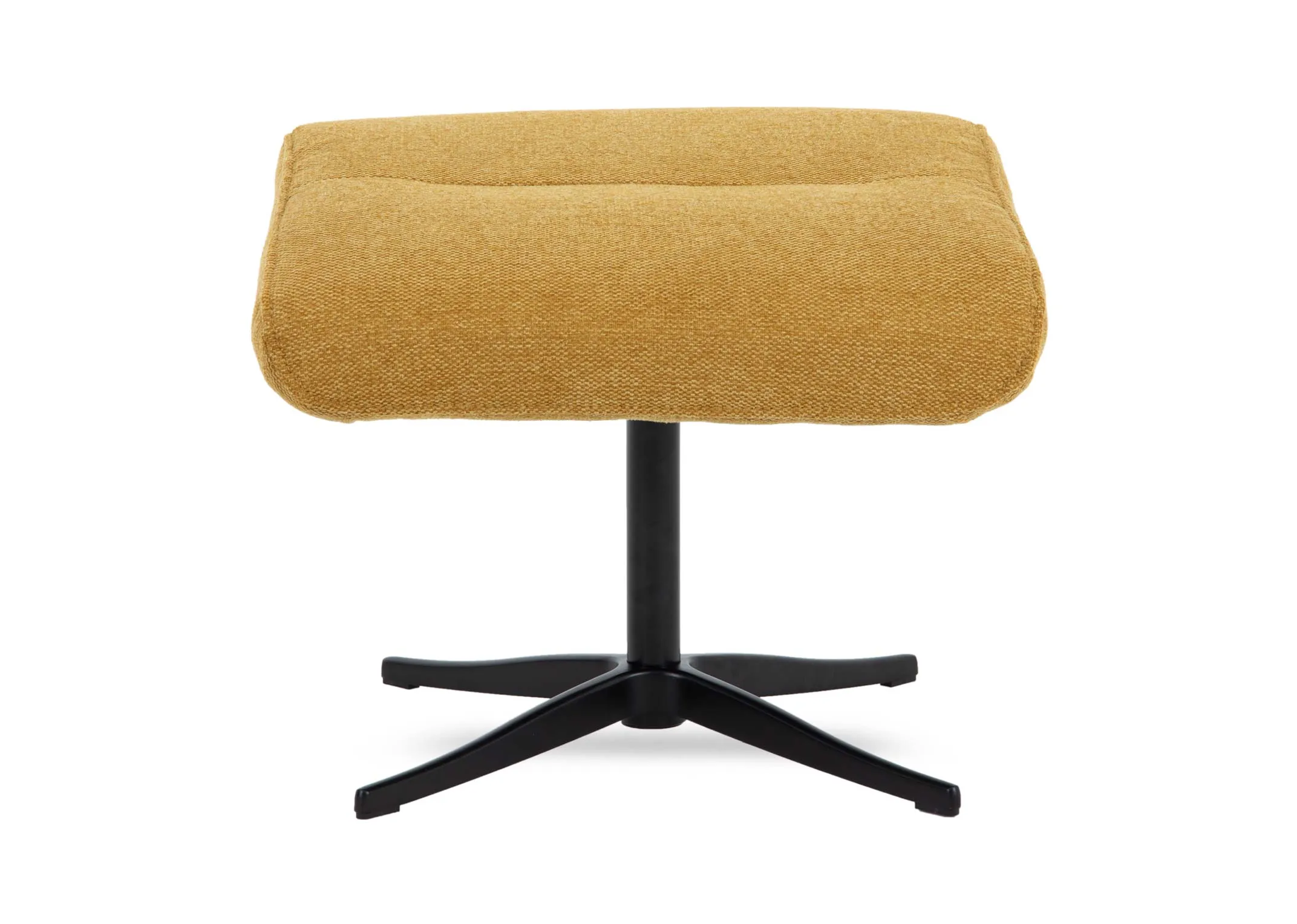 A mustard fabric footstool from EZ Livings Harry range. Front view of black metal legs.