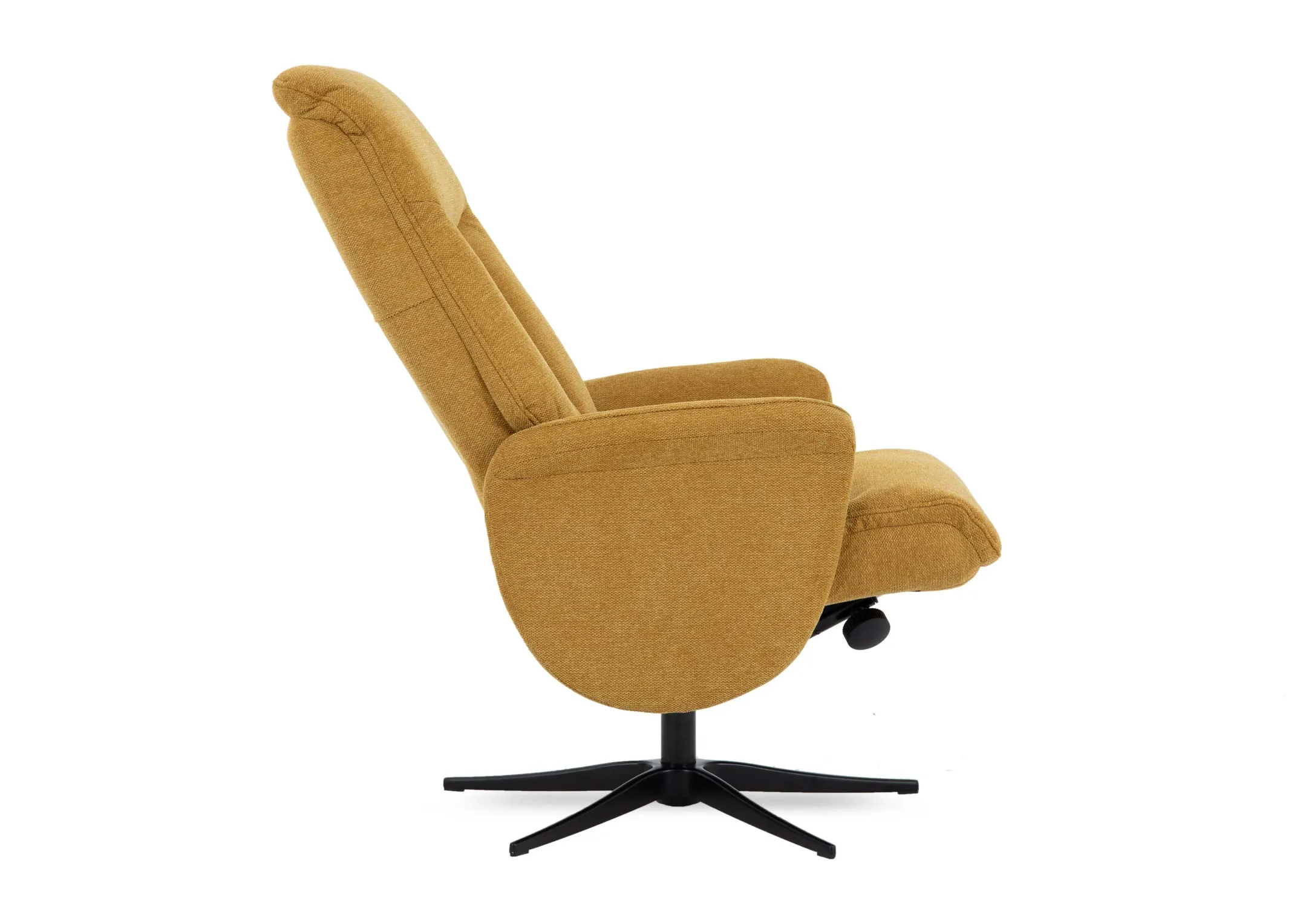 A mustard fabric recliner from EZ Livings Harry range. Side view of chair tilted.