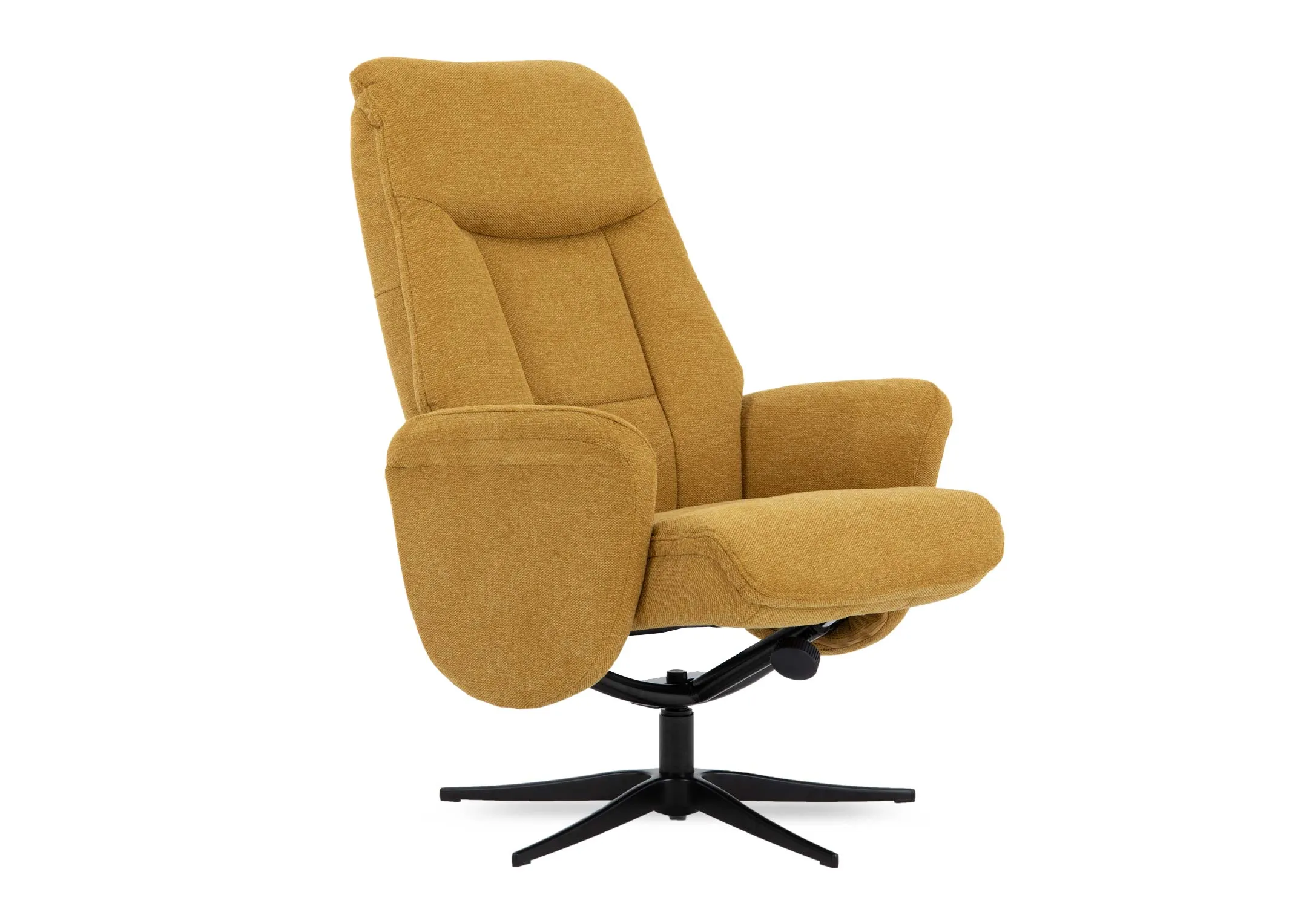 A mustard fabric recliner from EZ Livings Harry range. Angled view