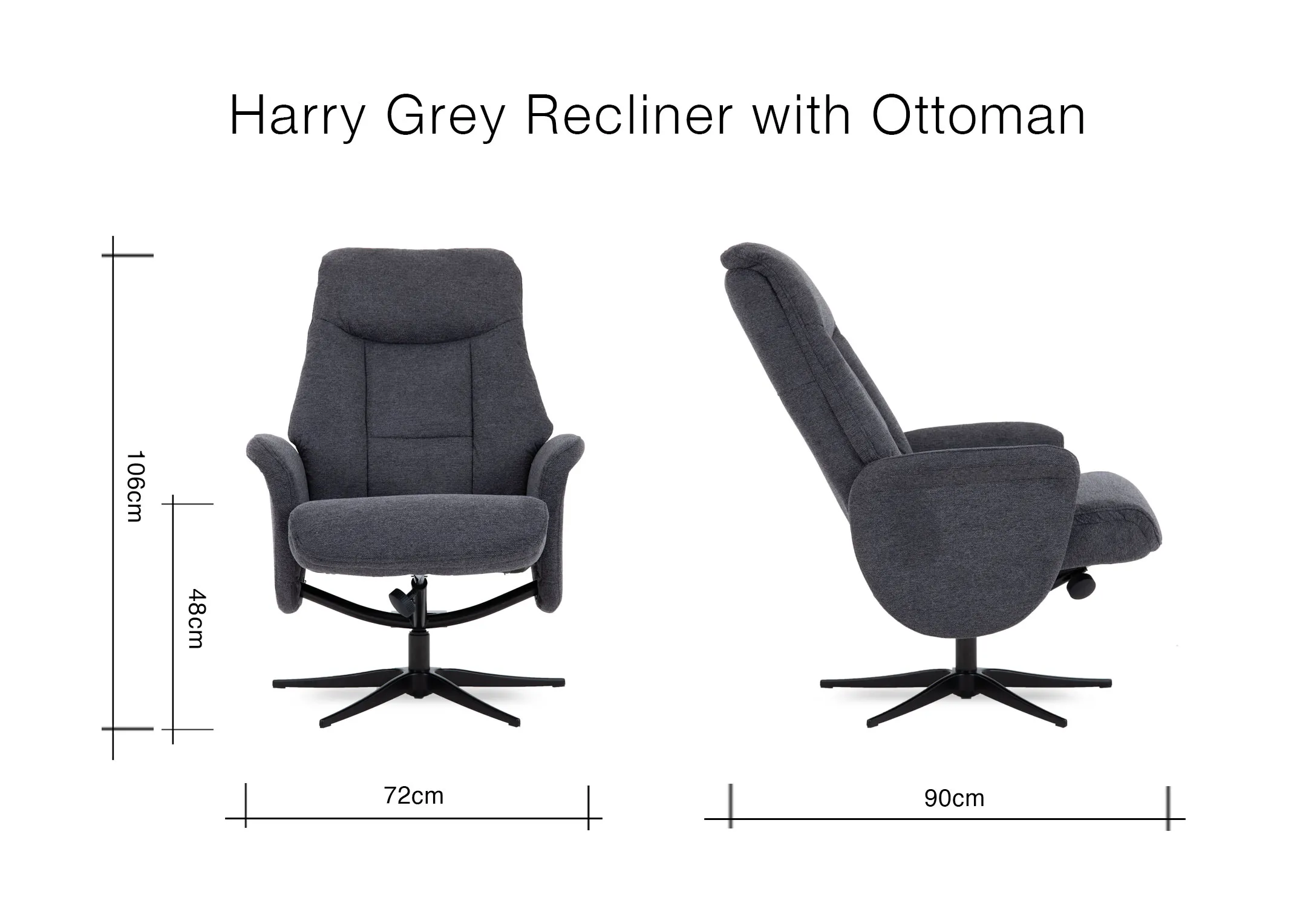 A dimension image of the Harry Recliner with 72cm x 90cm x 106cm