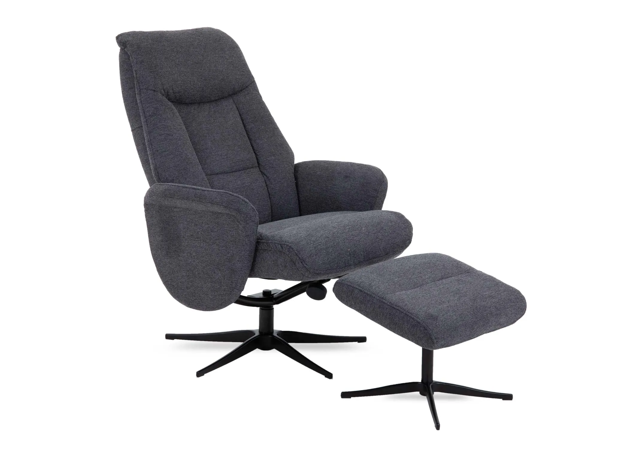 A grey fabric recliner with matching ottoman from EZ Livings