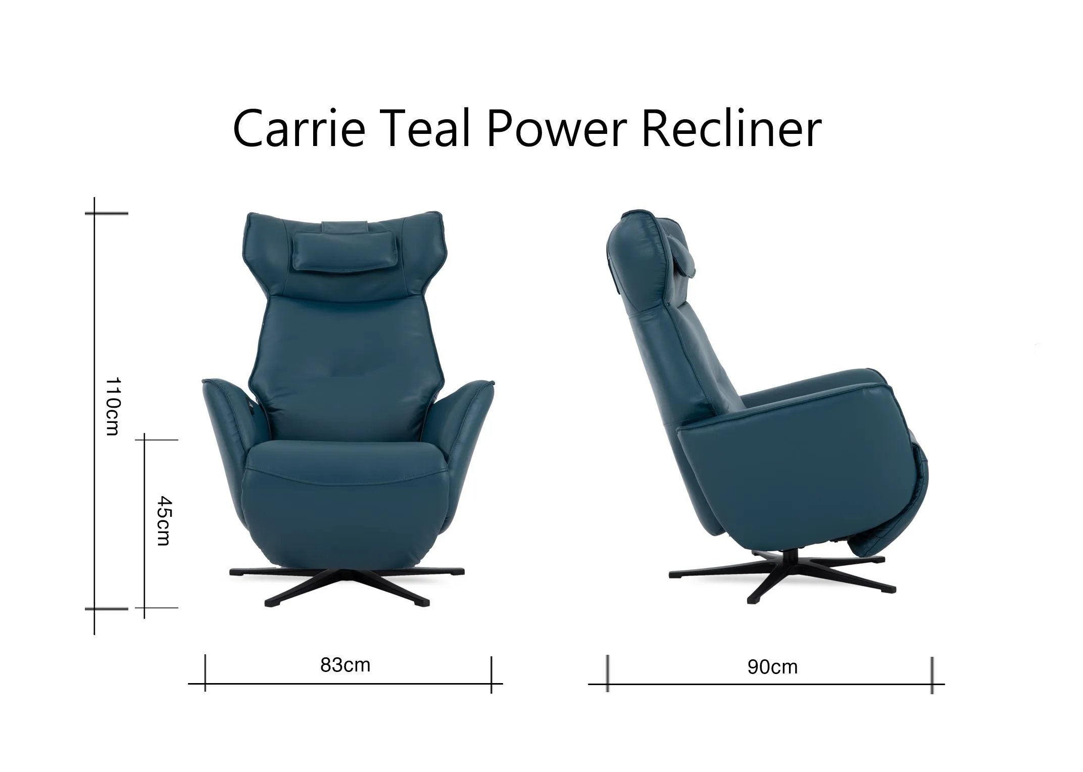 A dimension image of the Carrie Teal Recliner with 83cm x 90cm x 110cm