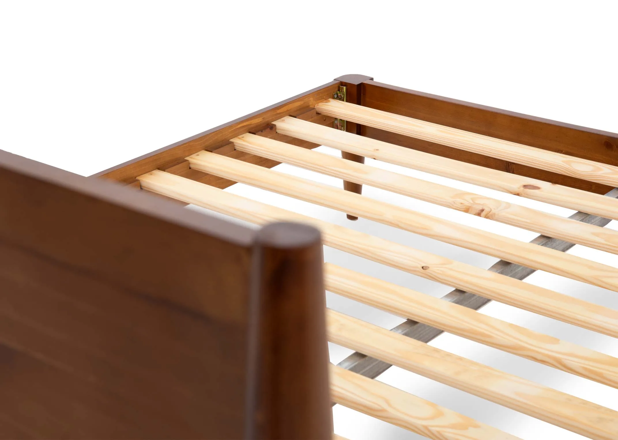 A double 4ft dark wood bedframe from EZ Livings Leya range. Closeup of slat wood base.