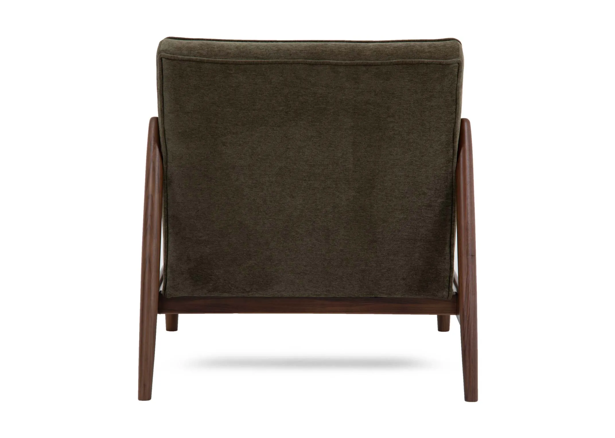 A green fabric lounge chair from EZ Livings Jordan range. Back view of leaning seat back.