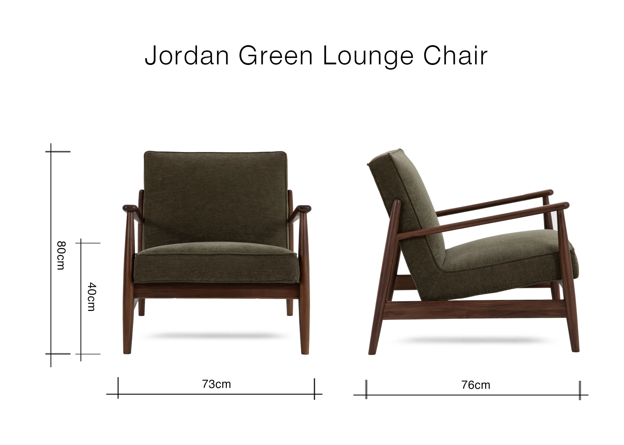A dimension image of the Jordan Lounge Chair with 73cm x 76cm x 80cm