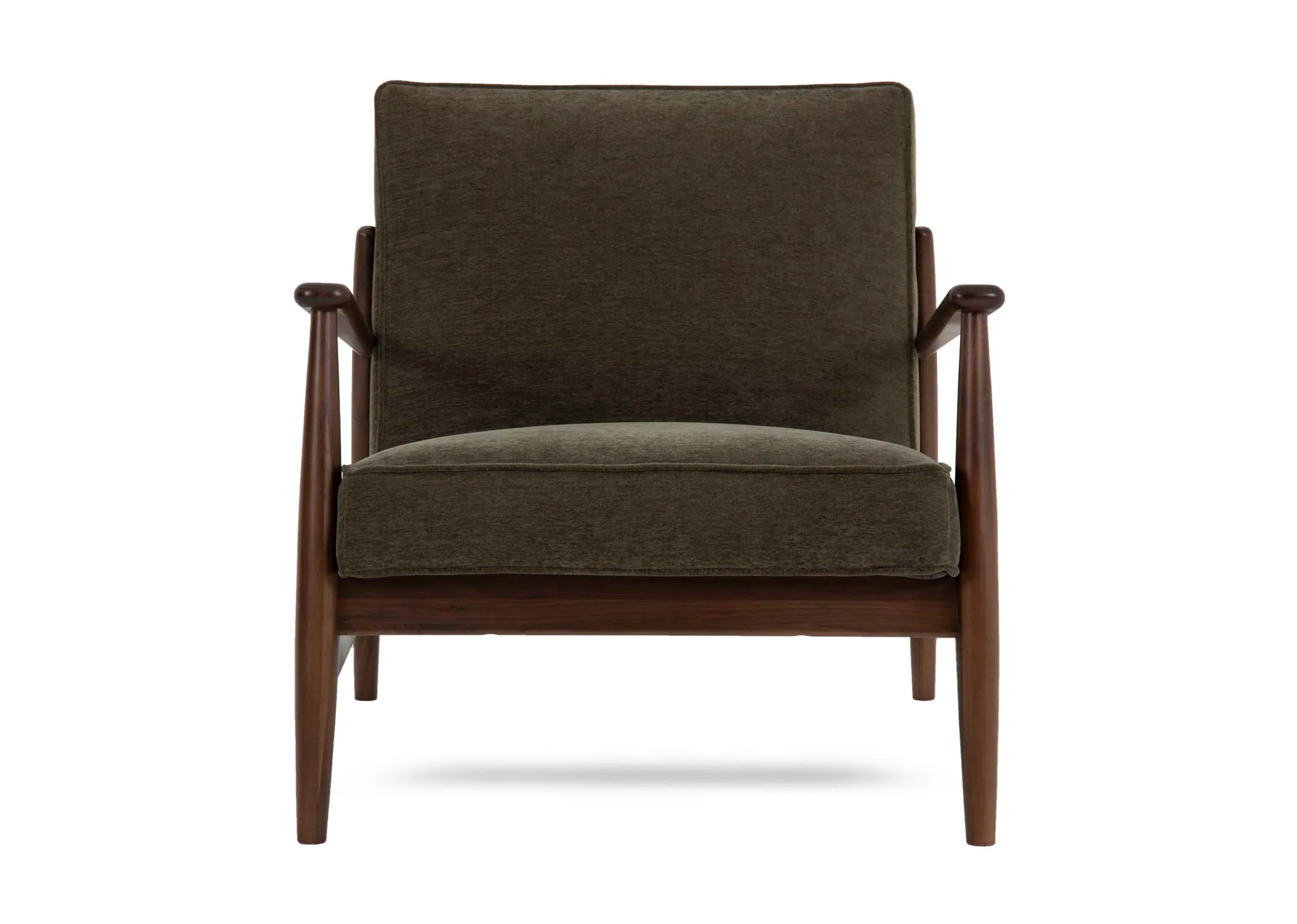 A green fabric lounge chair from EZ Livings Jordan range. Front view of thick seat cushion.