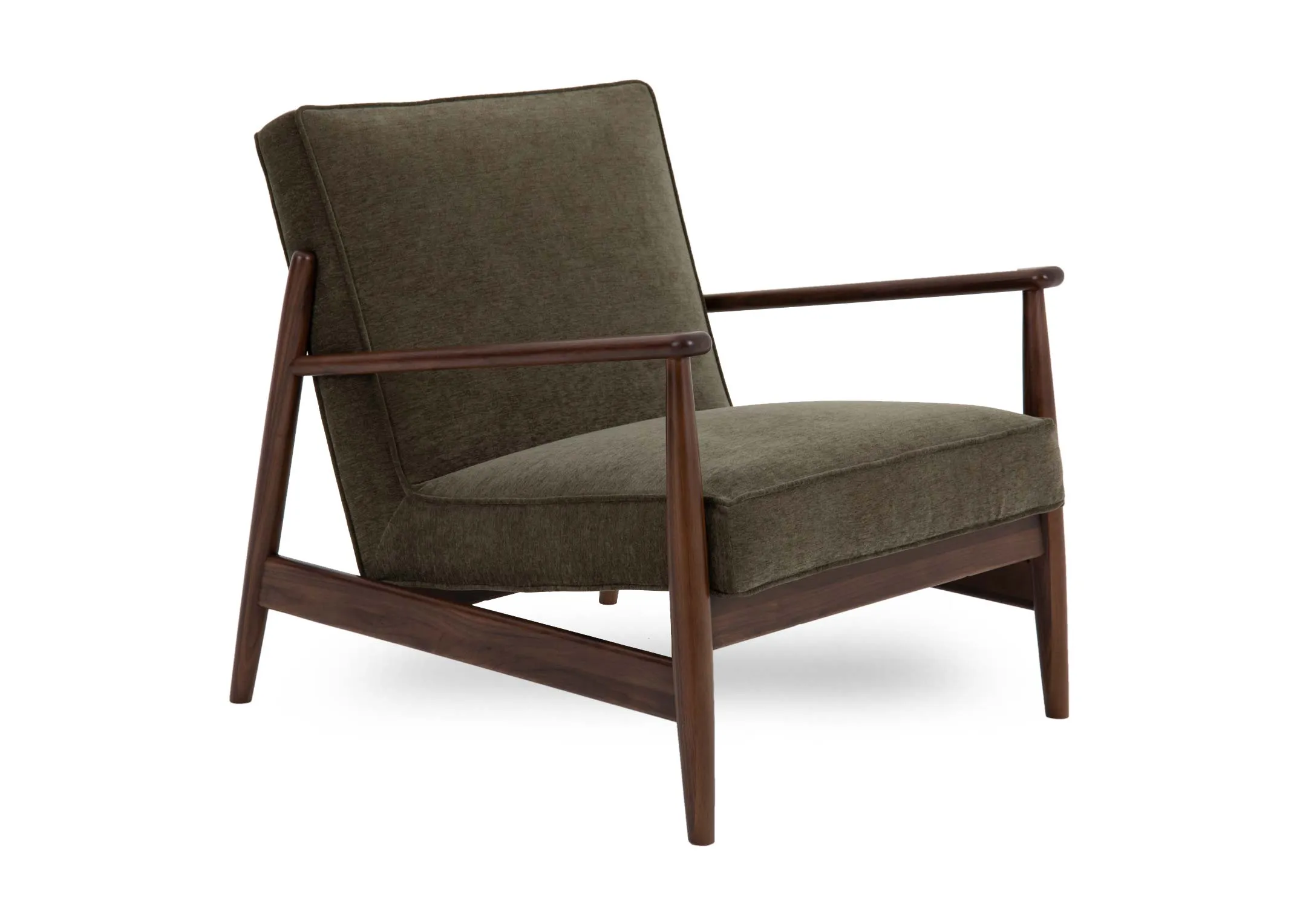 A green fabric lounge chair from EZ Livings Jordan range. Angled view of walnut frame.