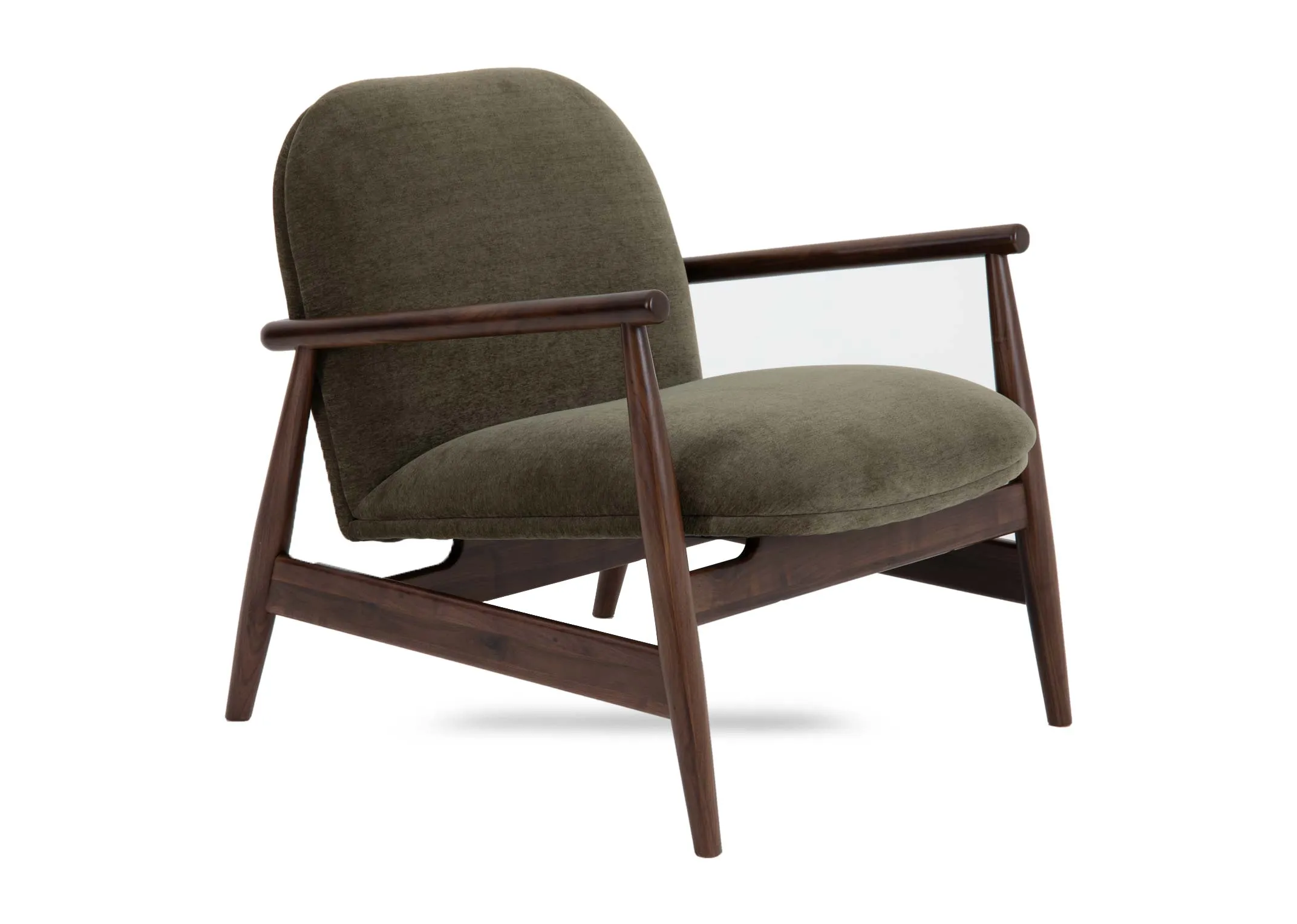 A green fabric lounge chair from EZ Livings Noir range. Angled view of curved seat back