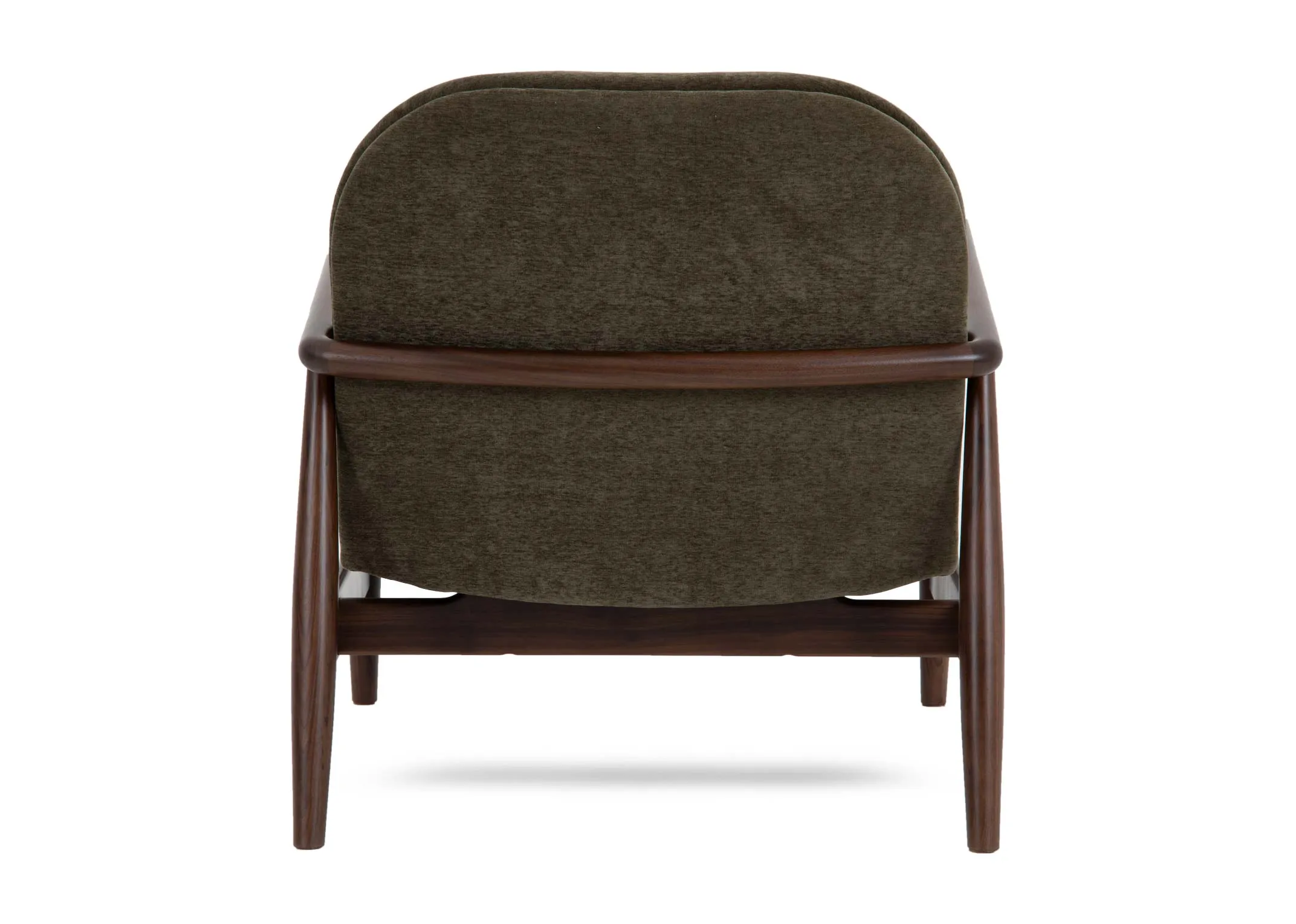 A green fabric lounge chair from EZ Livings Noir range. Back view of walnut frame