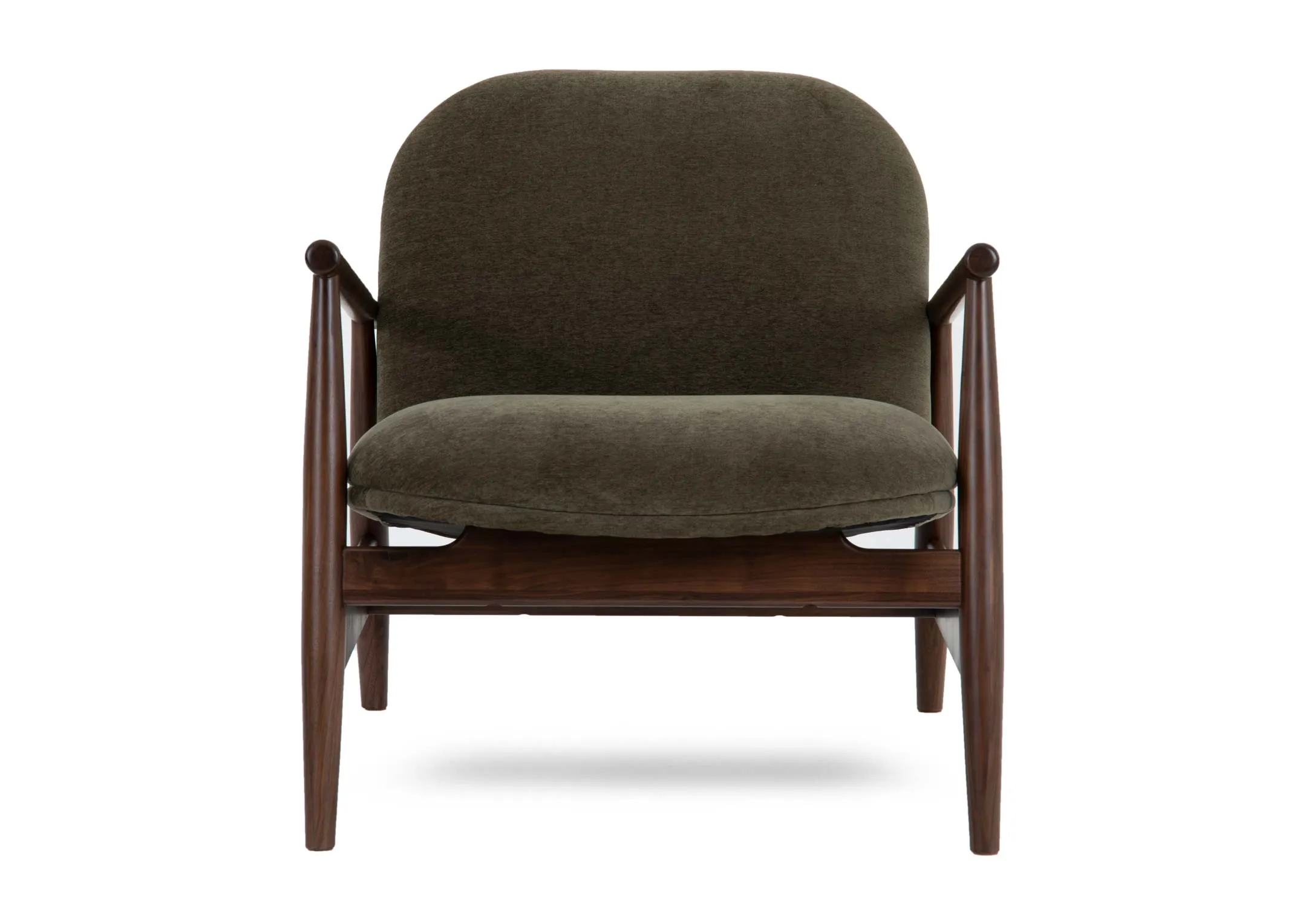 A green fabric lounge chair from EZ Livings Noir range. Front view of walnut frame