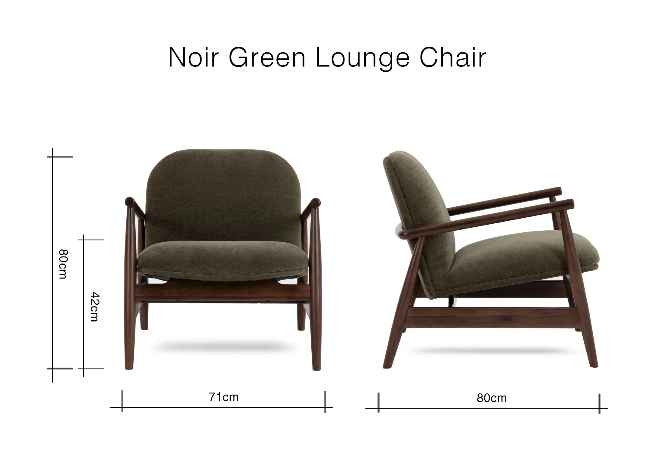 A dimension image of the Noir Green Lounge Chair with 71cm x 80cm x 80cm