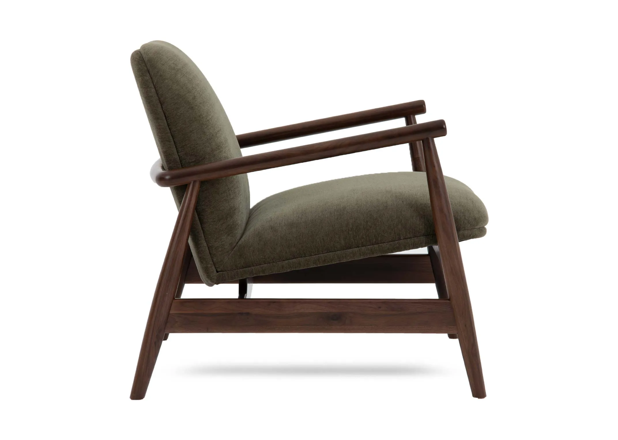 A green fabric lounge chair from EZ Livings Noir range. Side view of lean back