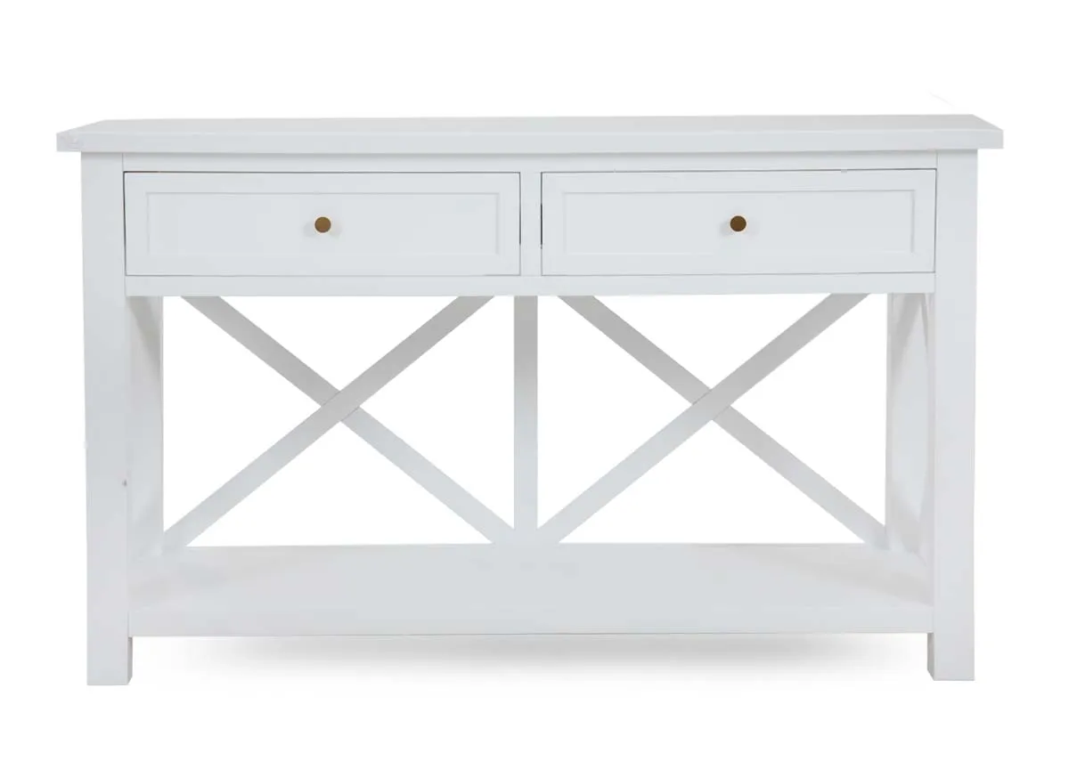 A white console table with 2 drawers from EZ Livings Hampton range.Closeup of open drawer
