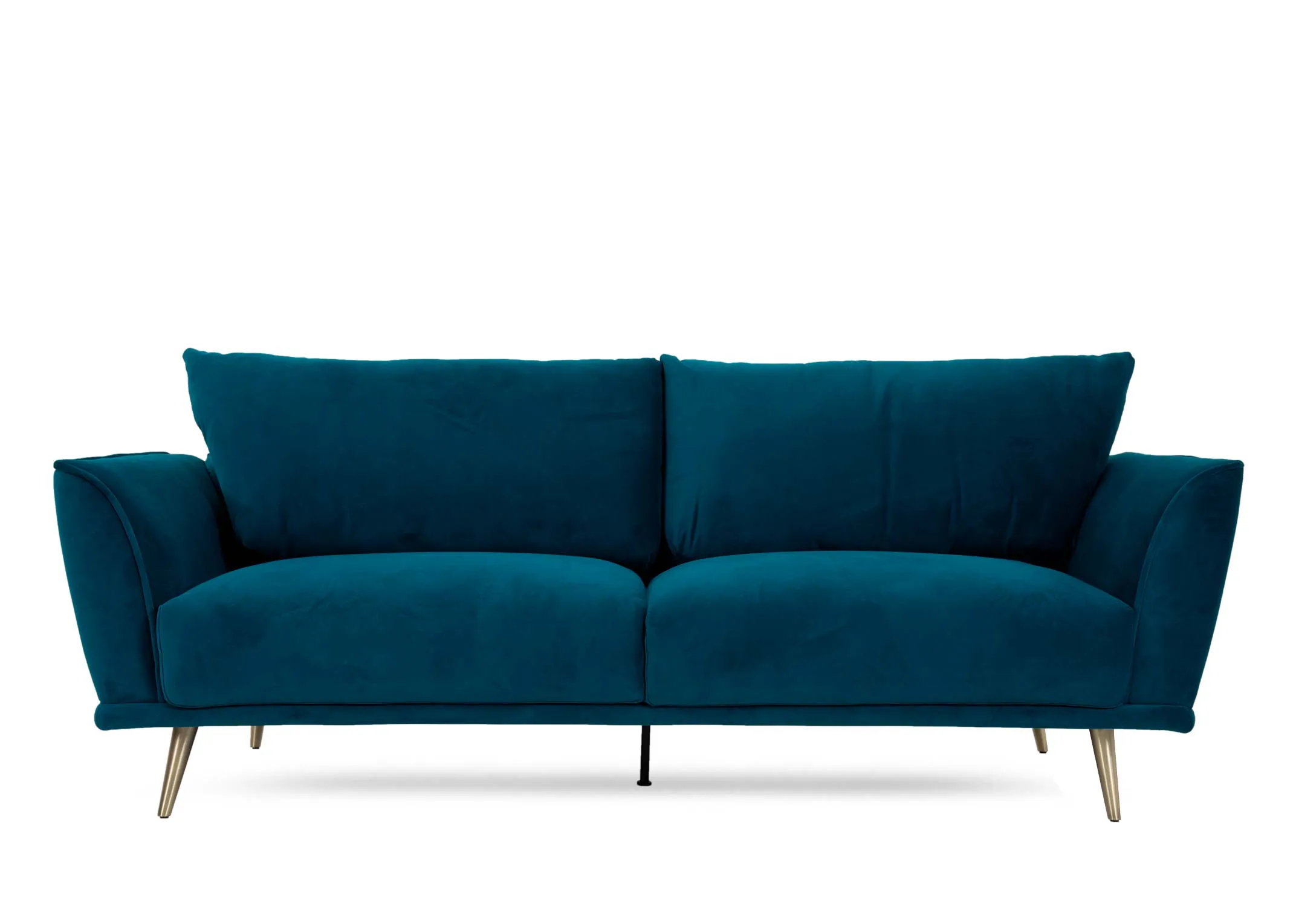 A 4 seater teal velvet sofa from EZ Livings Katie range. Front view of highback cushions