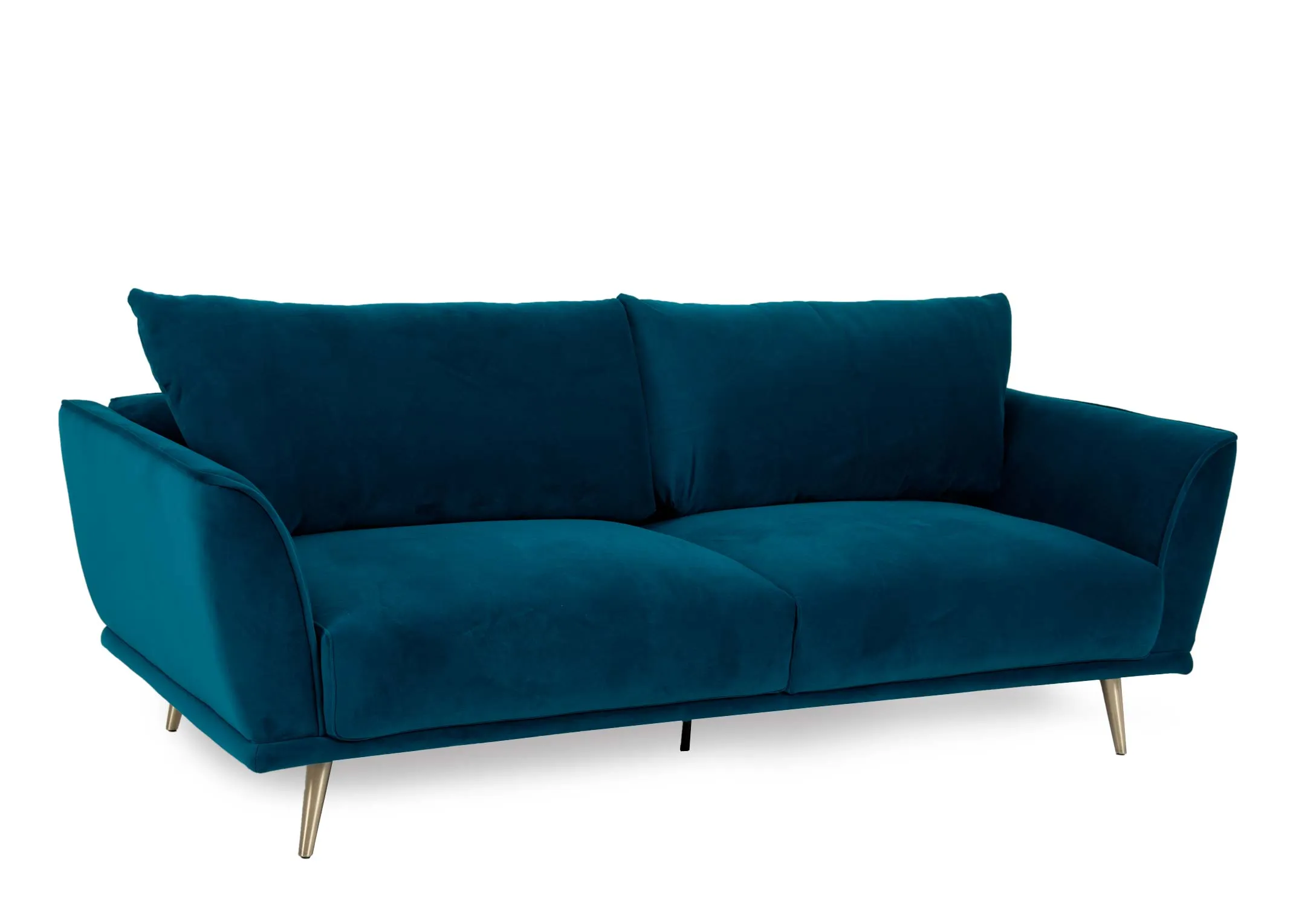 A 4 seater teal velvet sofa from EZ Livings Katie range.Angled view
