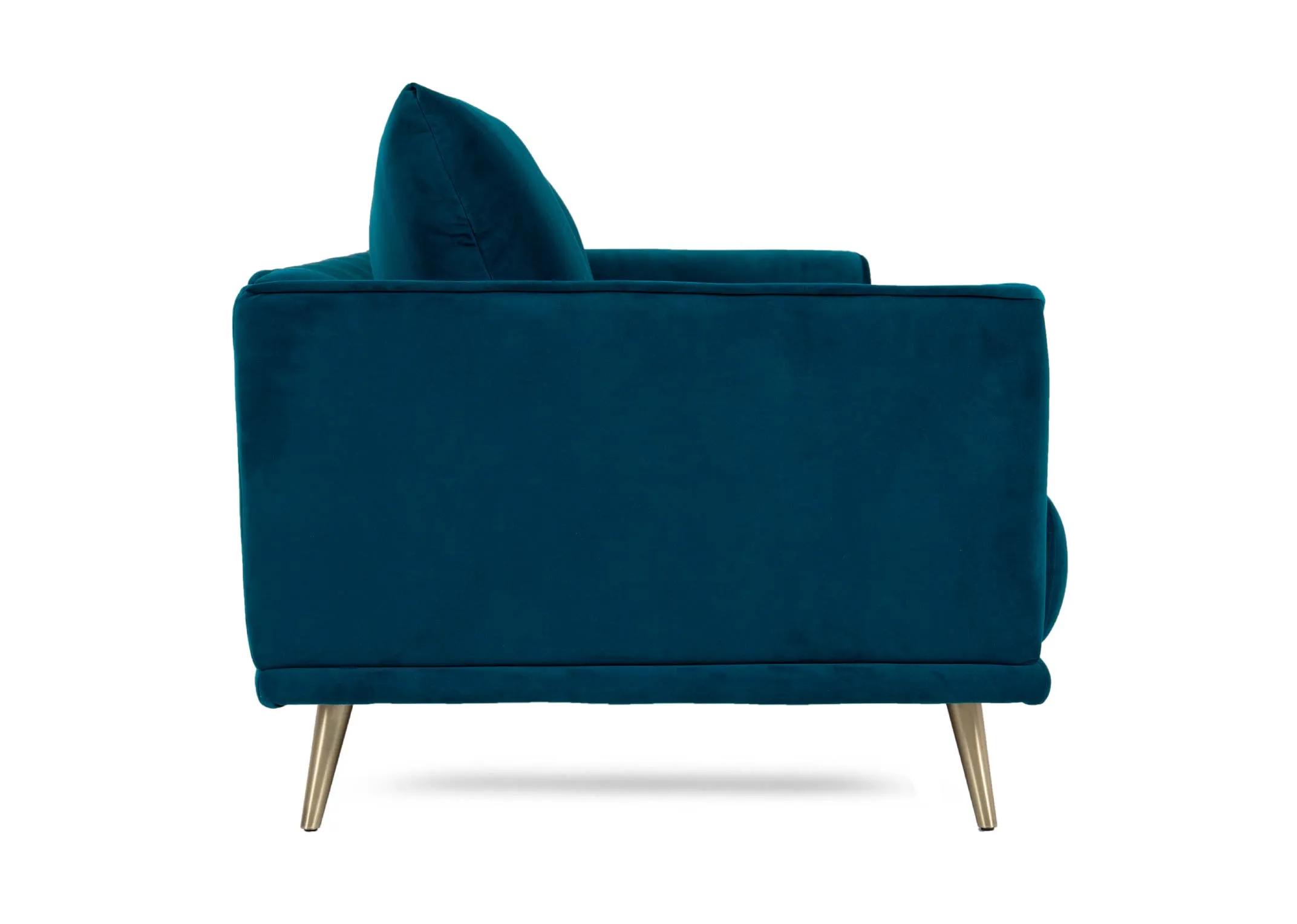 A 4 seater teal velvet sofa from EZ Livings Katie range. Side view