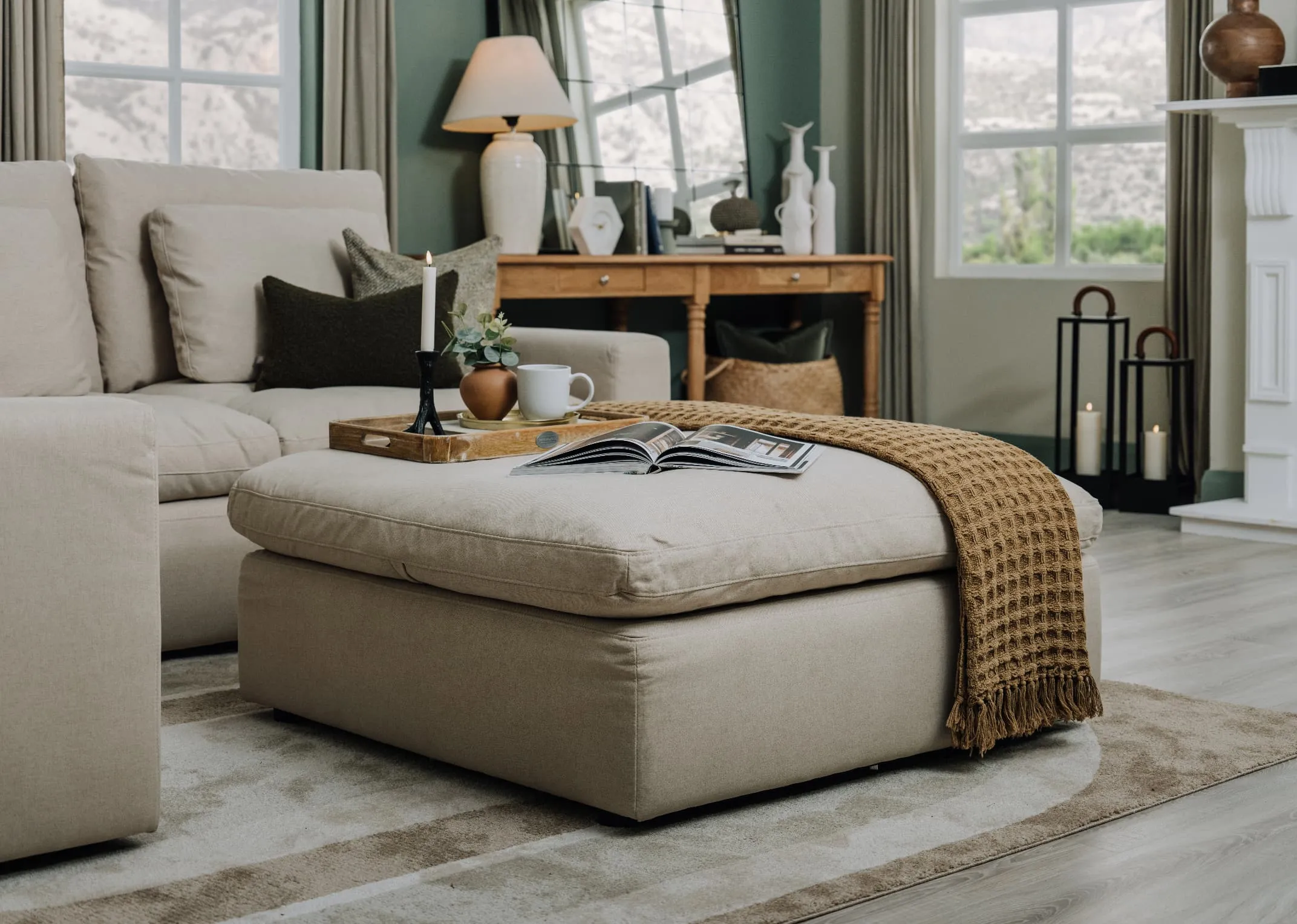 Large Beige Easy Clean Fabric Ottoman - Cozy