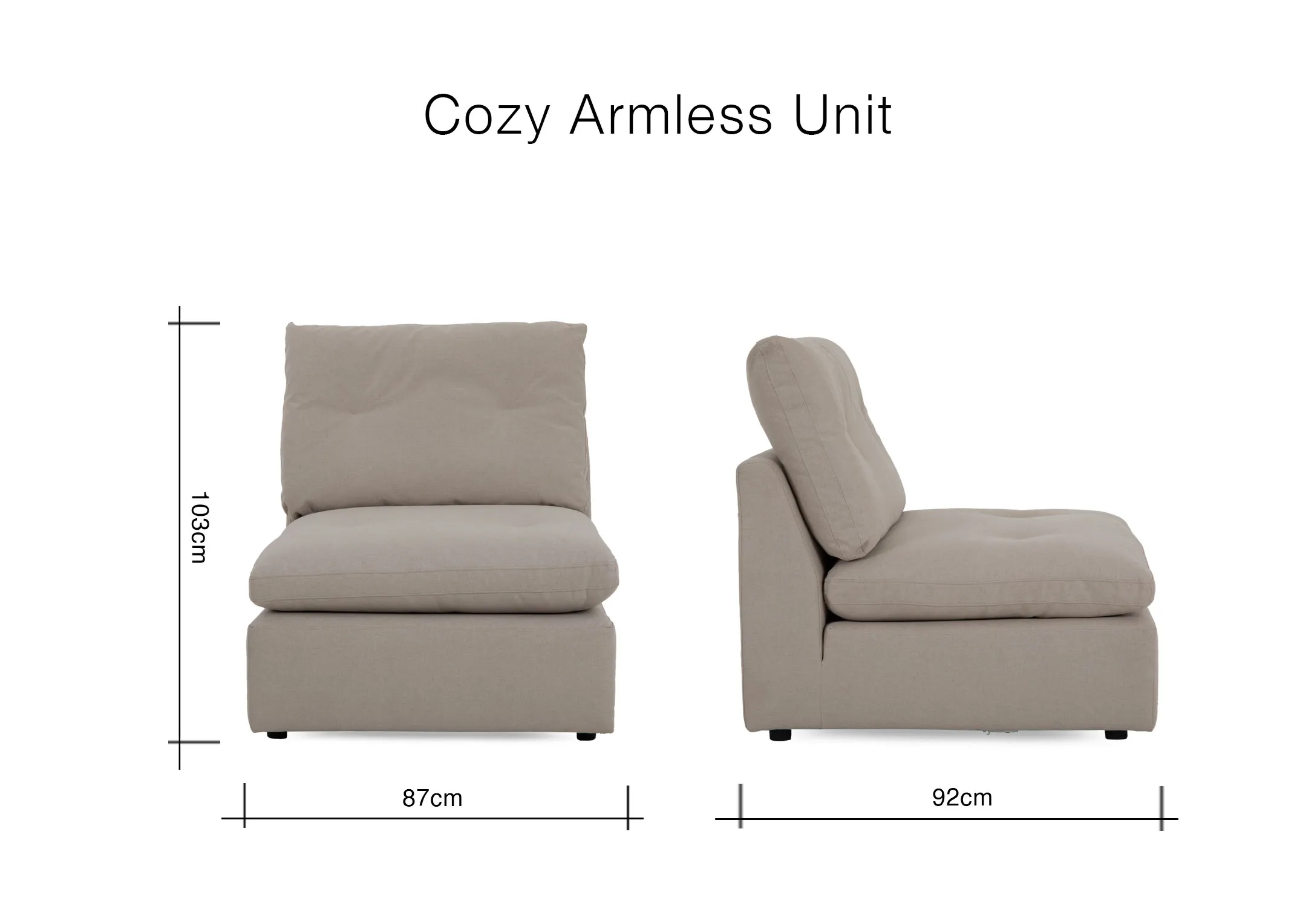A dimension image of the Cozy Armless Unit with 87cm x 92cm x 103cm