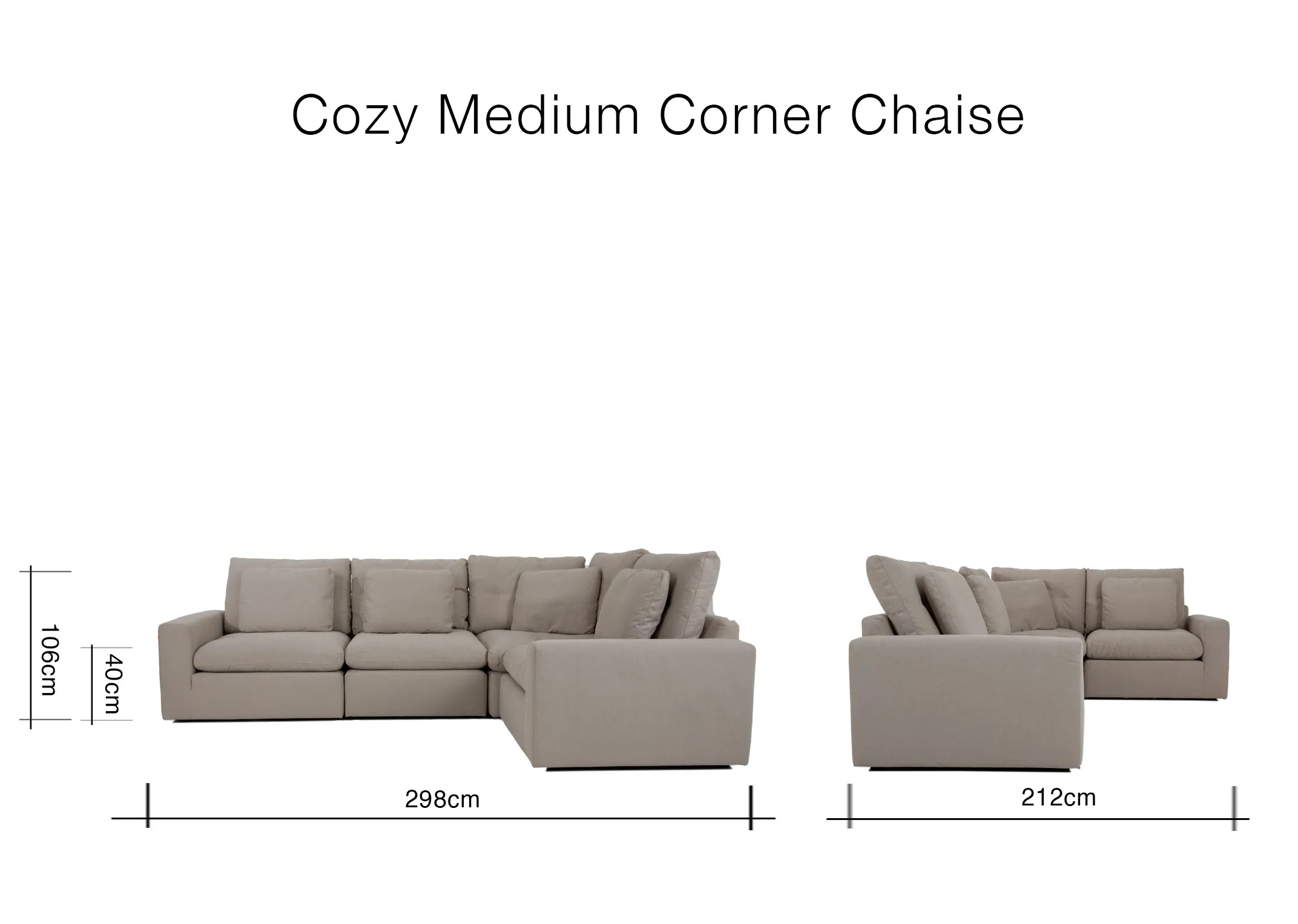 A dimension image of the Cozy Medium sofa with 298cm x 212cm x 106cm