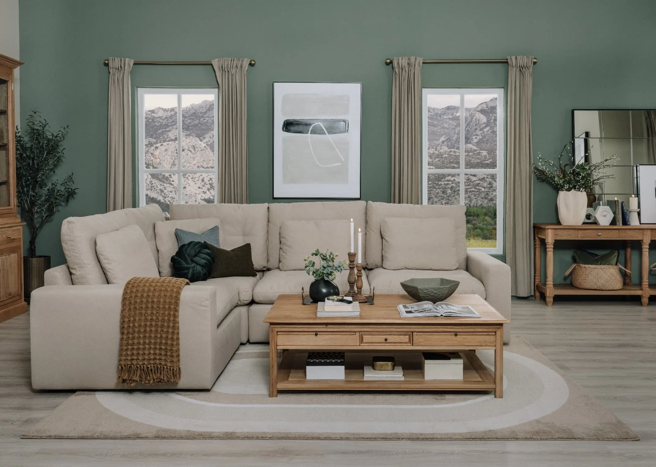 A lifestyle image of the Cozt Medium corner sofa with Iona display and coffee table
