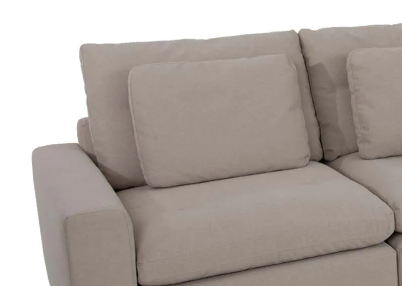 A medium light grey corner sofa from EZ Livings Cozy range.Closeup of soft grey fabric and scatter cushions