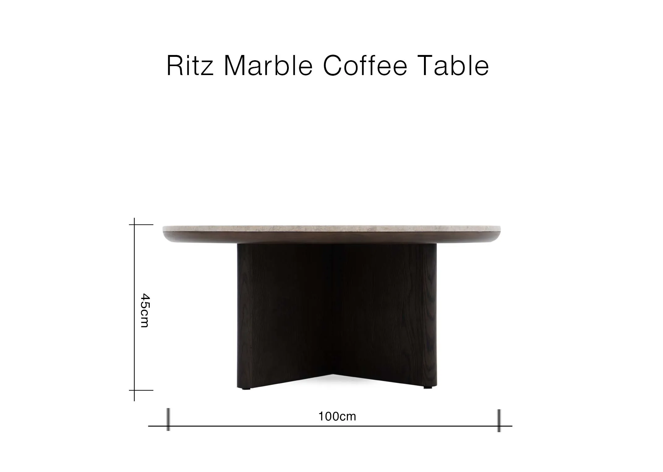 A dimension image of the Ritz marble coffee table with 100cm x 45cm
