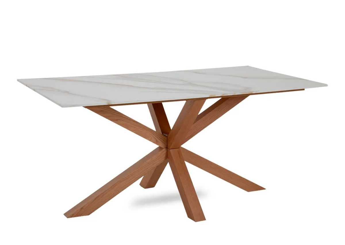 A rectangular melamine top dining tabel with oak legs from EZ Livings Ravello range. Angled view.