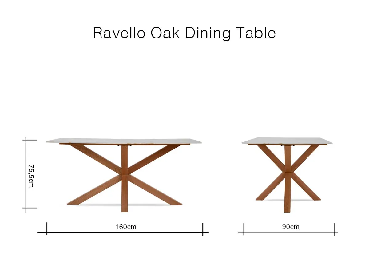 A dimension image of the Ravello Dining Table with 160cm x 90cm x 75cm