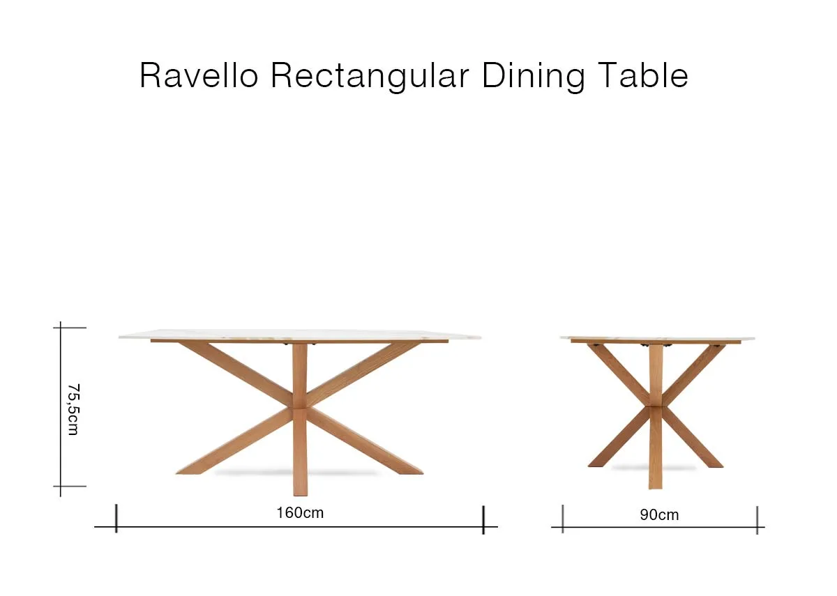 A dimension image of the Ravello Dining Table with 160cm x 90cm x 75cm