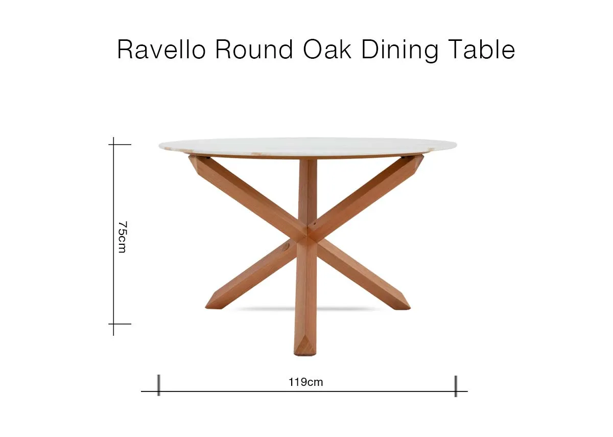 A round melamine top dining table with oak legs from EZ Livings Ravello range.Front view