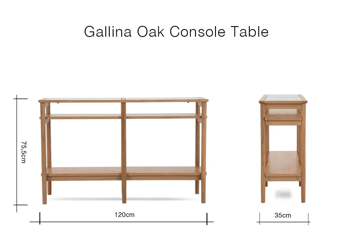 A dimension image of the Gallina Oak Console Table with 120cm x 35cm x 75.5cm