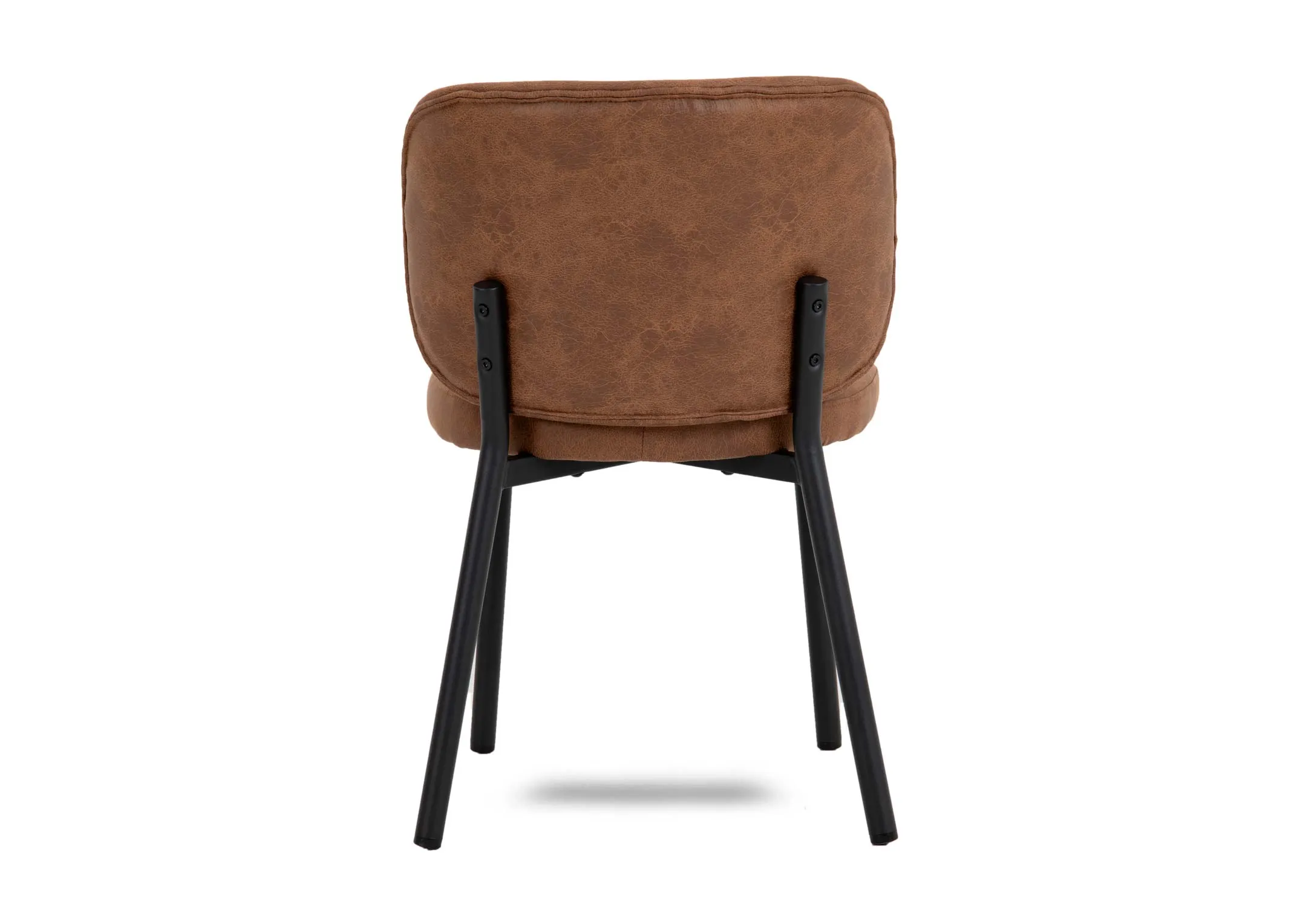 A tan faux leather dining chair with black legs from EZ Livings Swan range. Back view of black frame