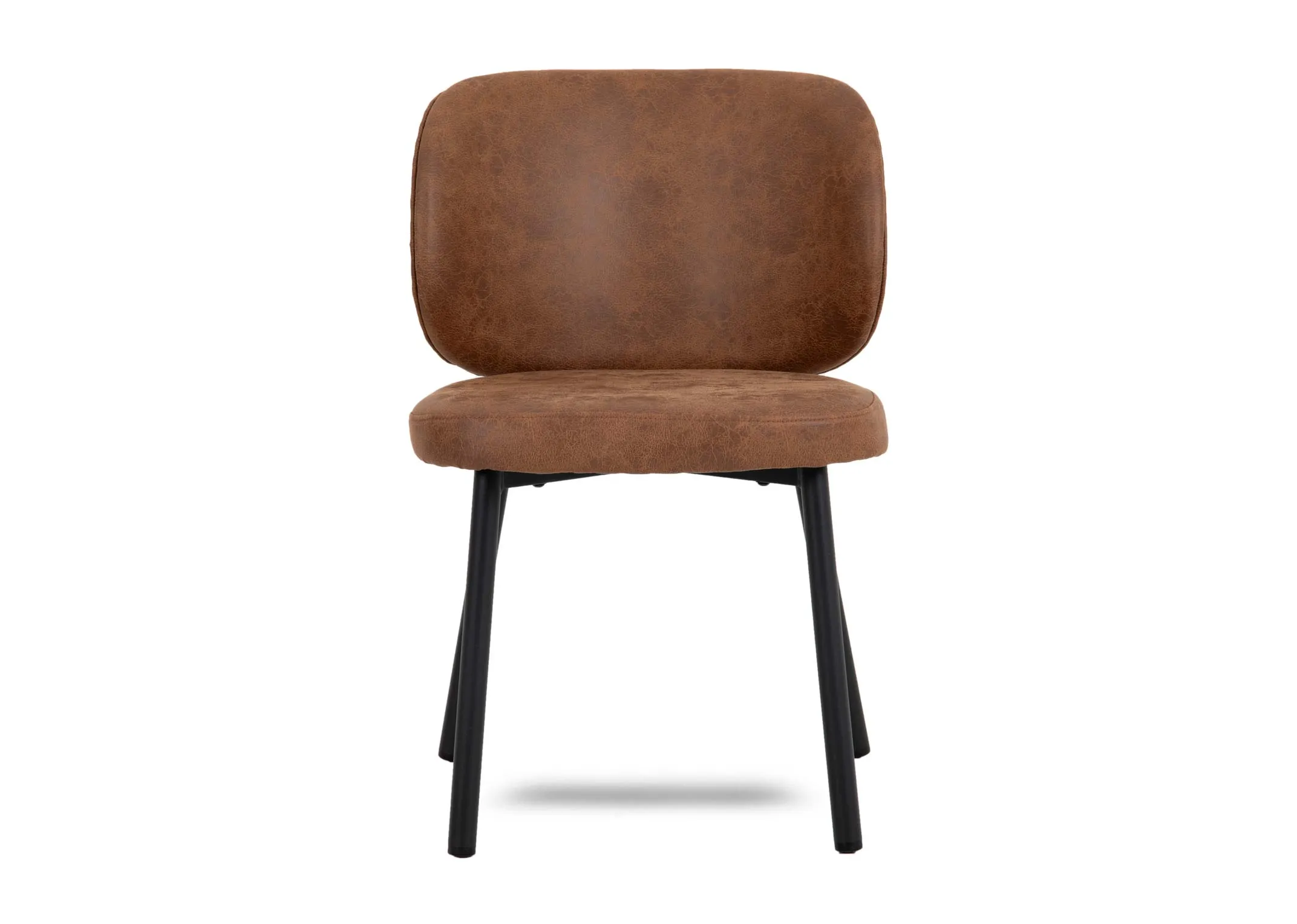 A tan faux leather dining chair with black legs from EZ Livings Swan range. Front view of padded seat.