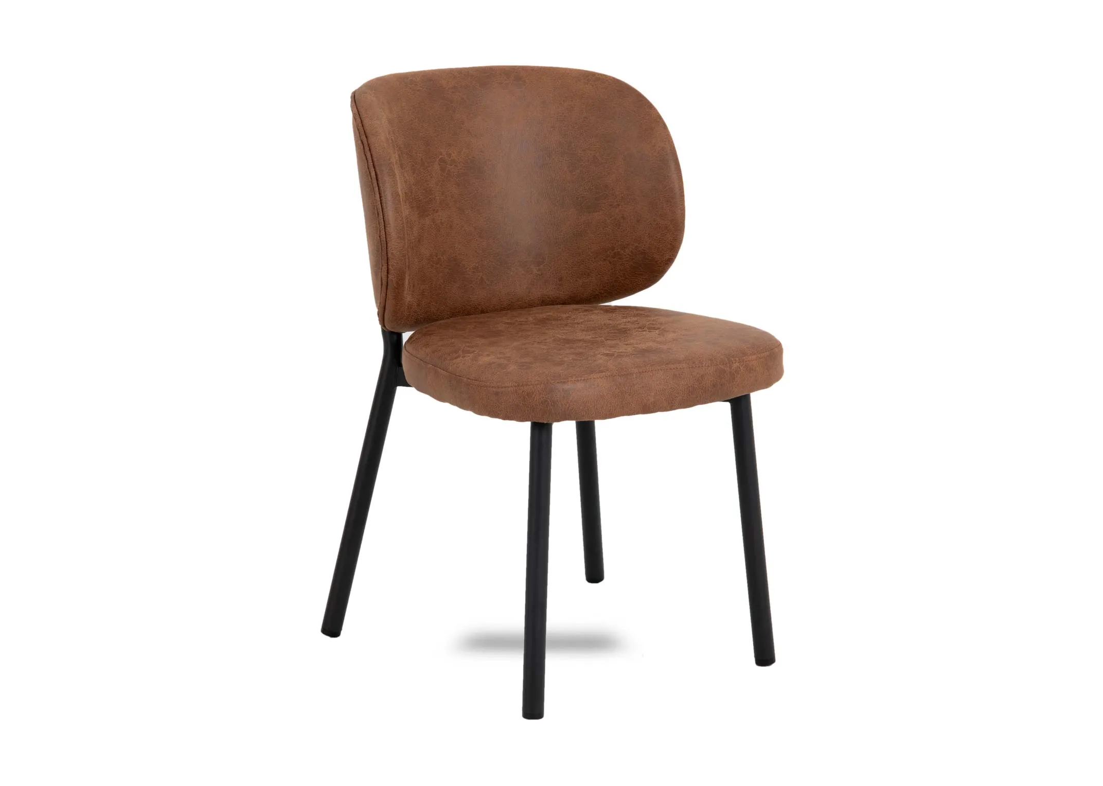 A tan faux leather dining chair with black legs from EZ Livings Swan range. Angled view.