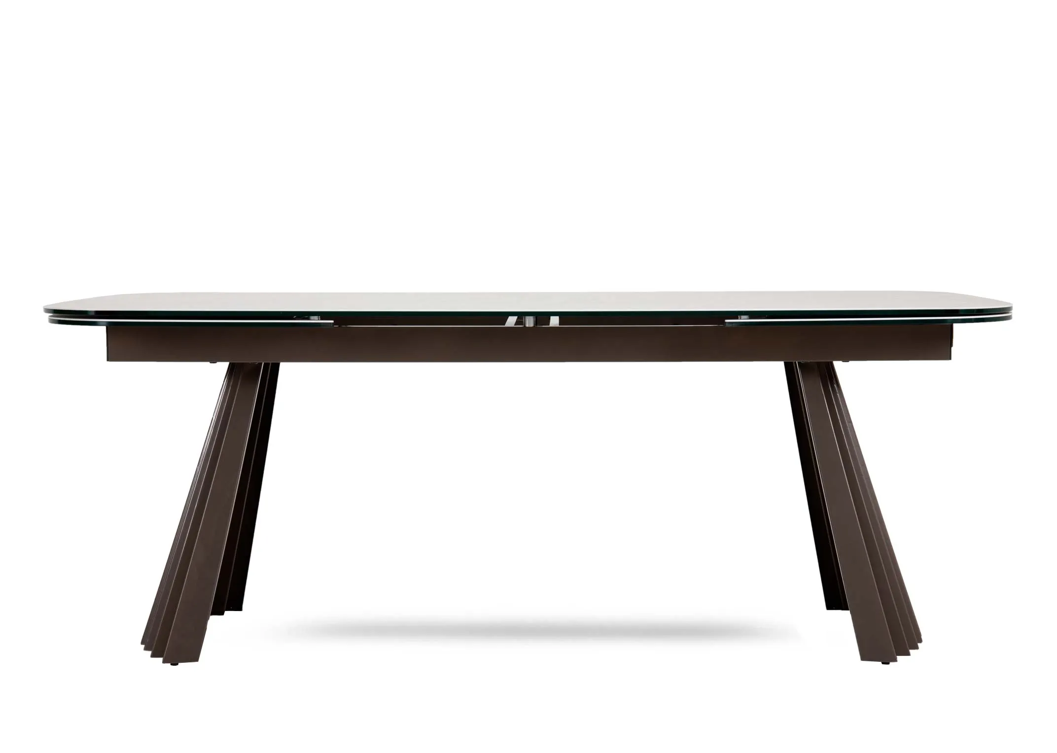 A light grey ceramic dining table with brown pleated metal legs from EZ Livings Fulton range. Front view of table fixed shows brown metal frame.