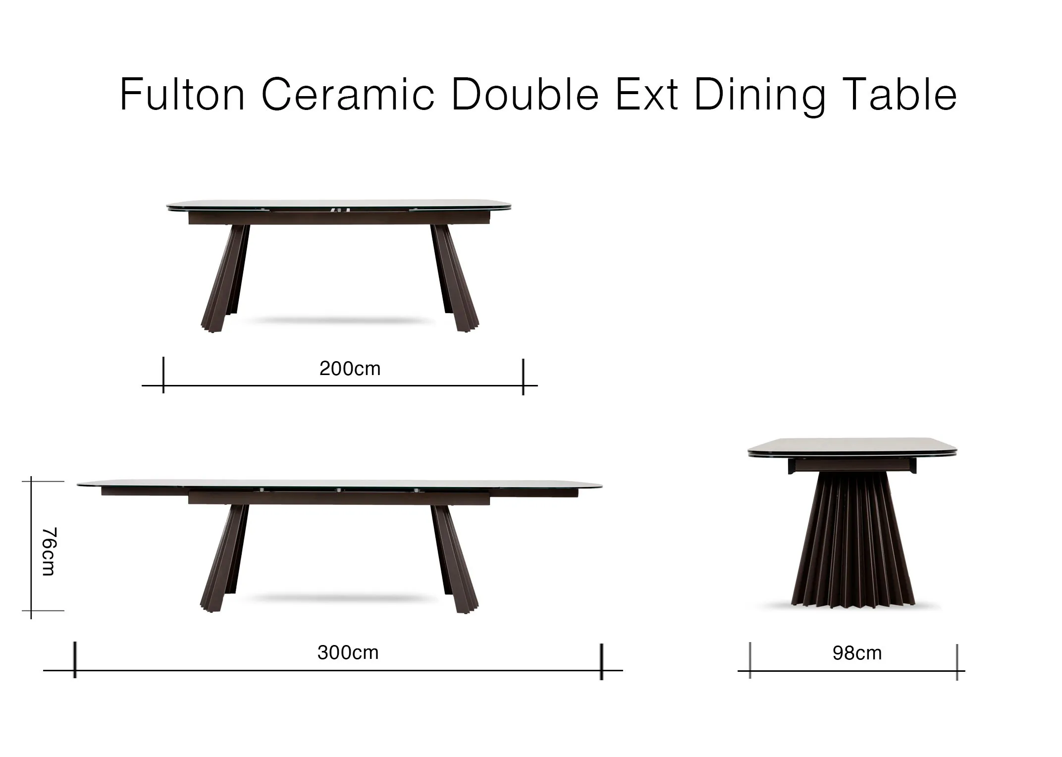 A dimension image of the Fulton Dining Table with 200cm - 300cm x 76cm x 98cm