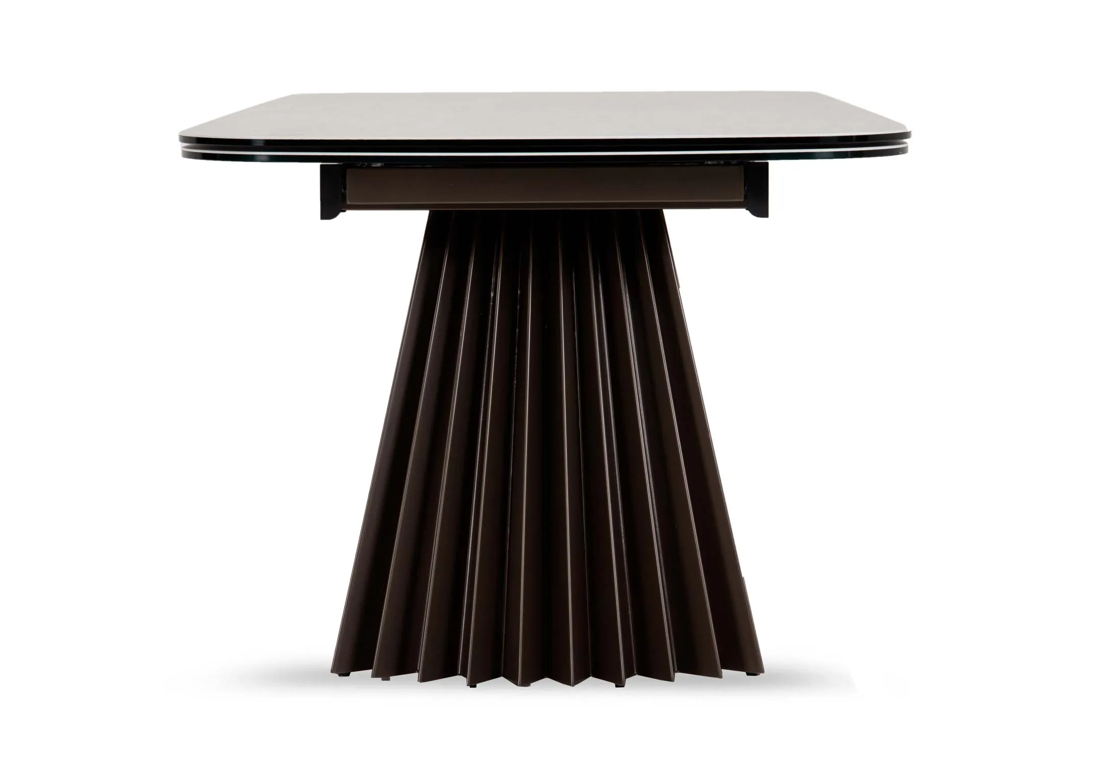 A light grey ceramic dining table with brown pleated metal legs from EZ Livings Fulton range. Side view of fan detail on legs