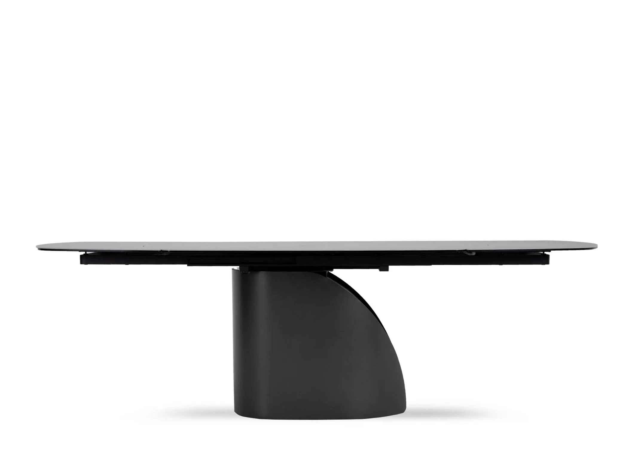 A dark grey ceramic dining table from EZ Livings Hamilton range. Front view of leaves fixed in place.