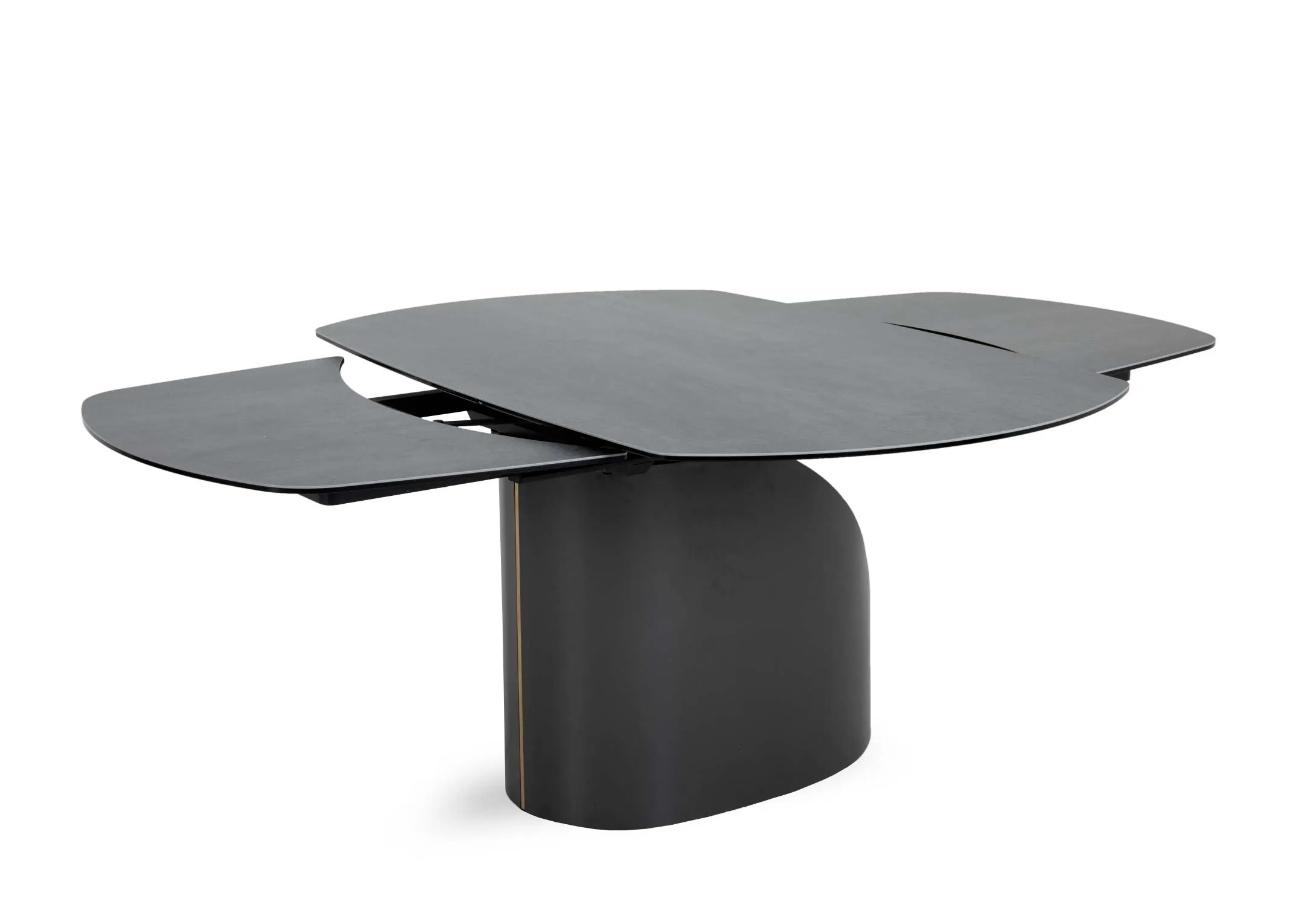 A dark grey ceramic dining table from EZ Livings Hamilton range. Closeup of leaf