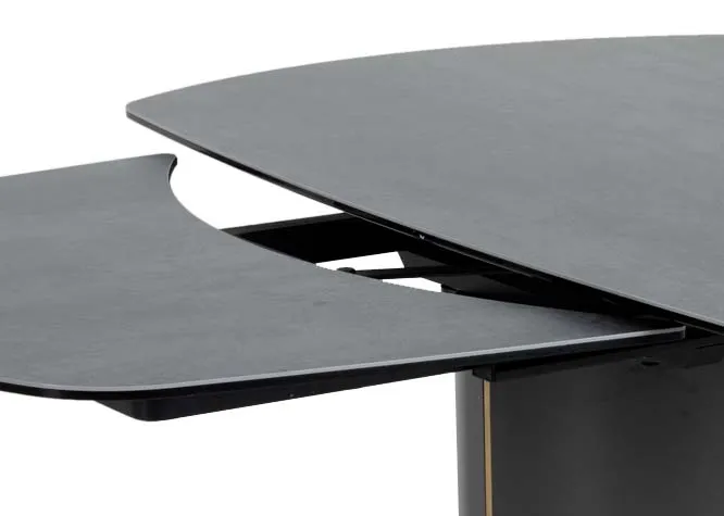 A dark grey ceramic dining table from EZ Livings Hamilton range. Front view of leaves extended.