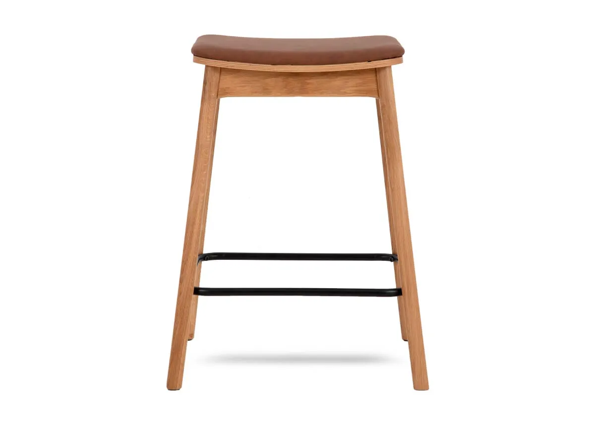 An oak bar stool with tan faux leather seat from EZ Livings Ravello range.