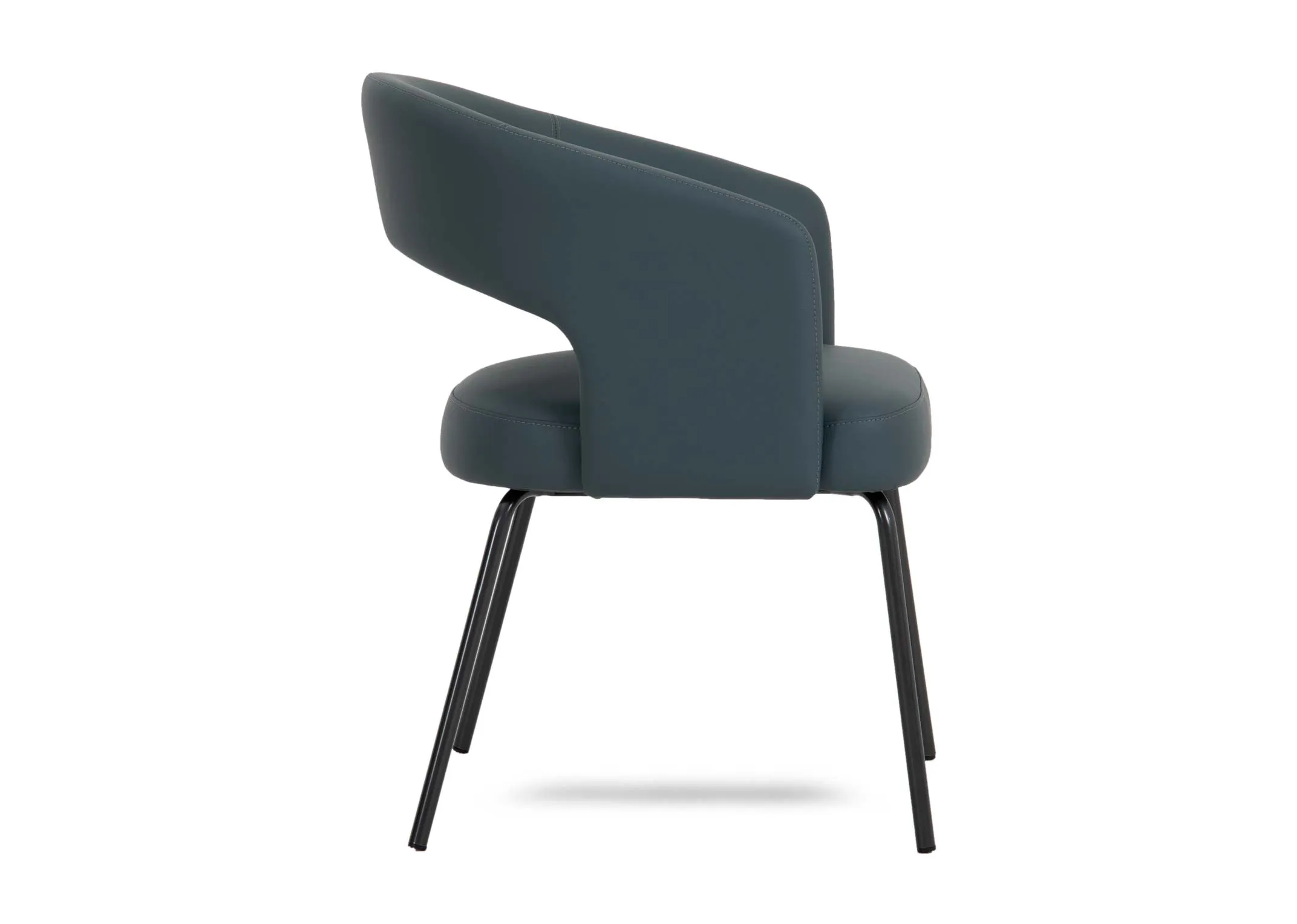 A blue leather dining chair with padded seat back and seat from EZ Livings Matteo rangeSode view of arches seat back with space 