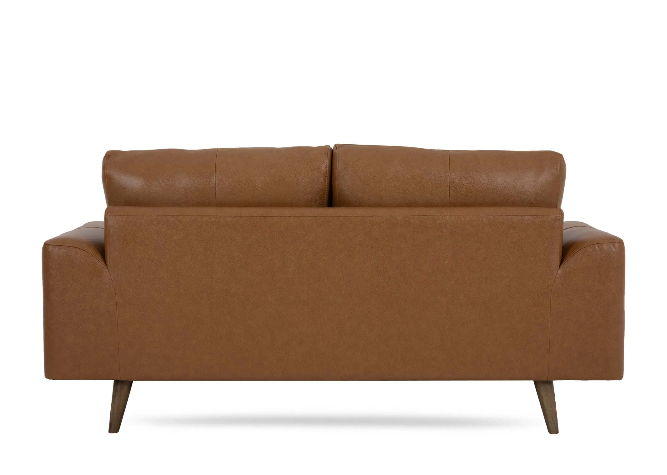 A tan brown leather 2 seater sofa from EZ Livings Legend range. Back view of warrantied frame.