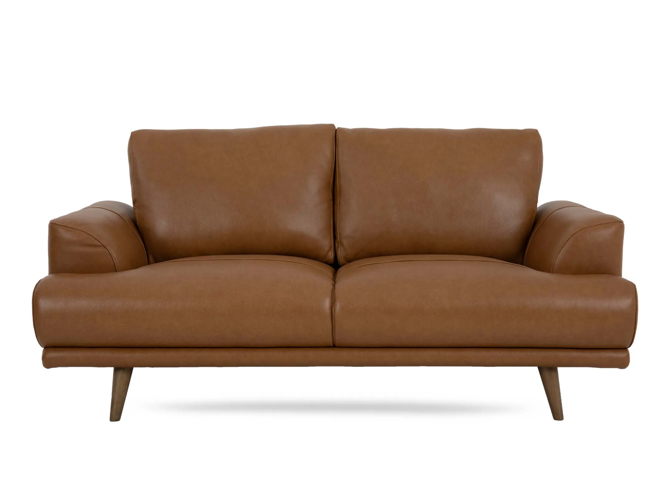 A tan brown leather 2 seater sofa from EZ Livings Legend range. Front view of padded seat and back cushions.