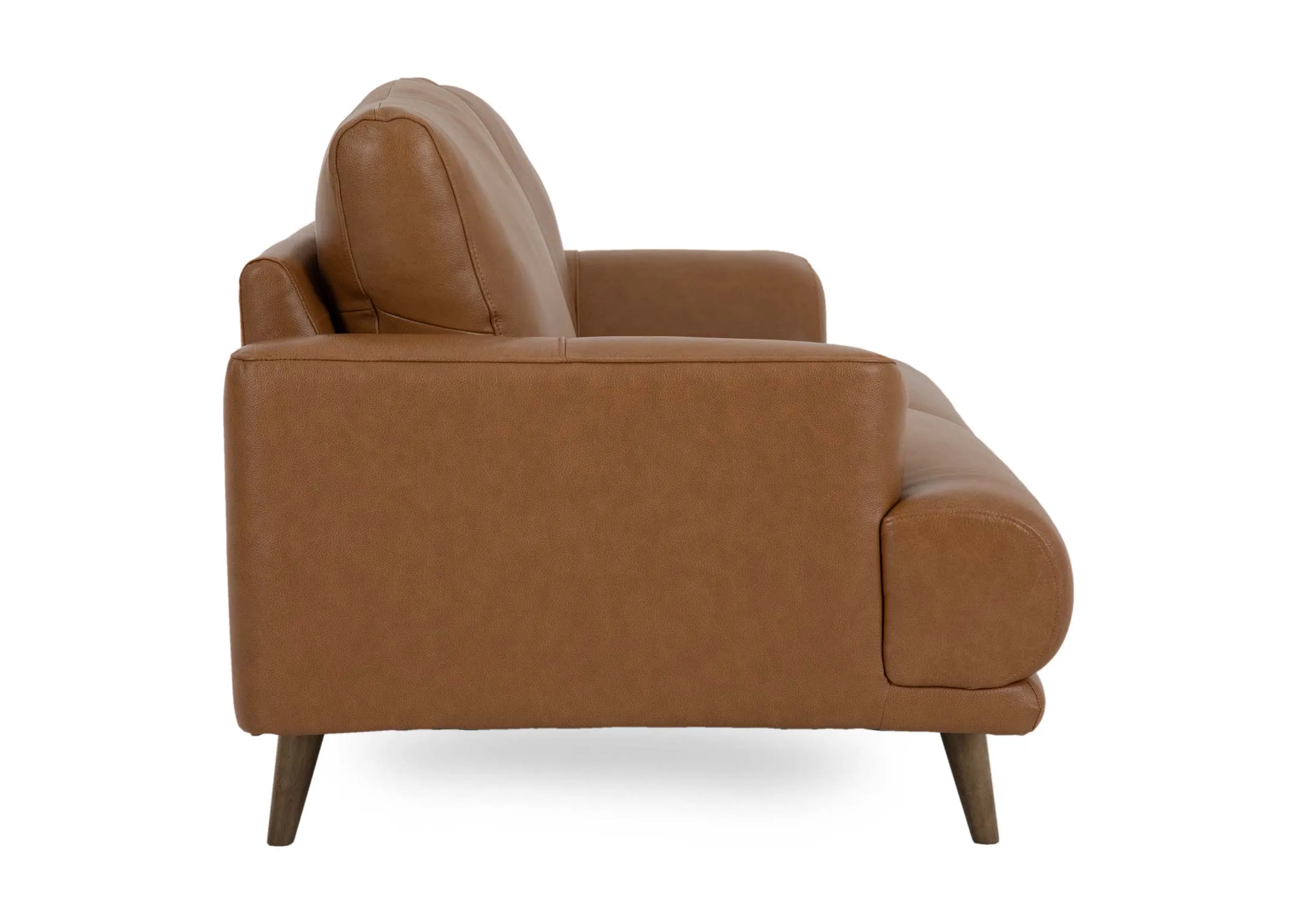 A tan brown leather 2 seater sofa from EZ Livings Legend range. Side view