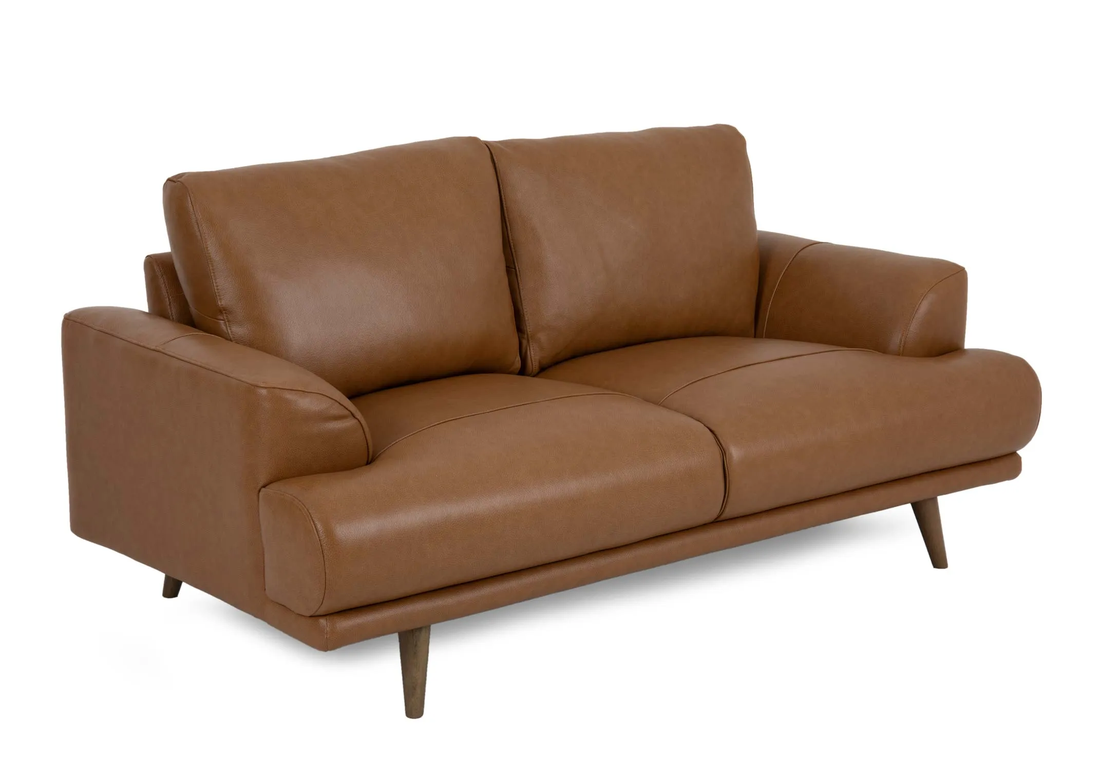 A tan brown leather 2 seater sofa from EZ Livings Legend range. Angled view