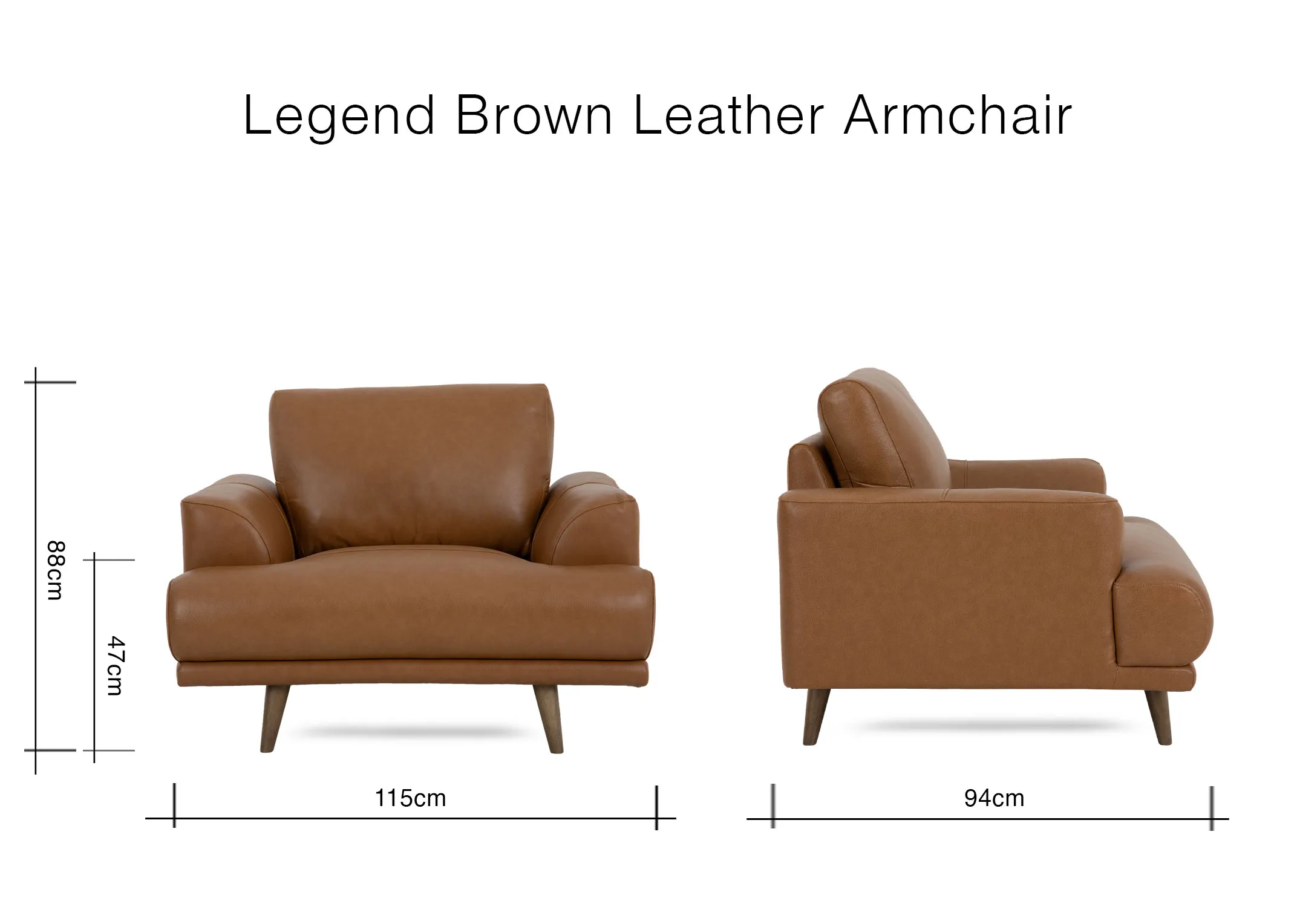 A dimension image of the Legend Armchair with 115cm x 94cm x 88cm