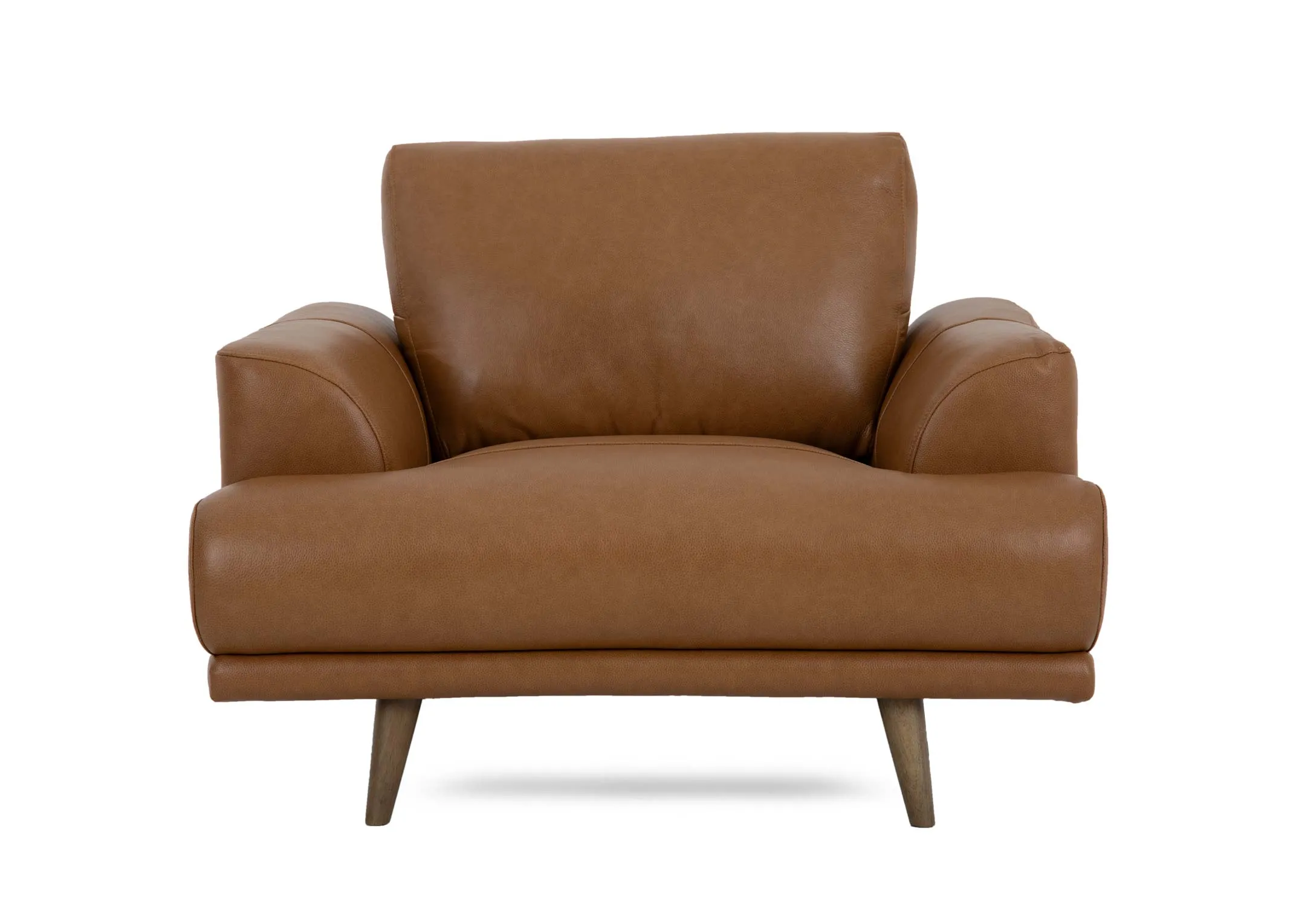 A tan brown leather armchair from EZ Livings Legend range. Front view of padded seat and back cushions